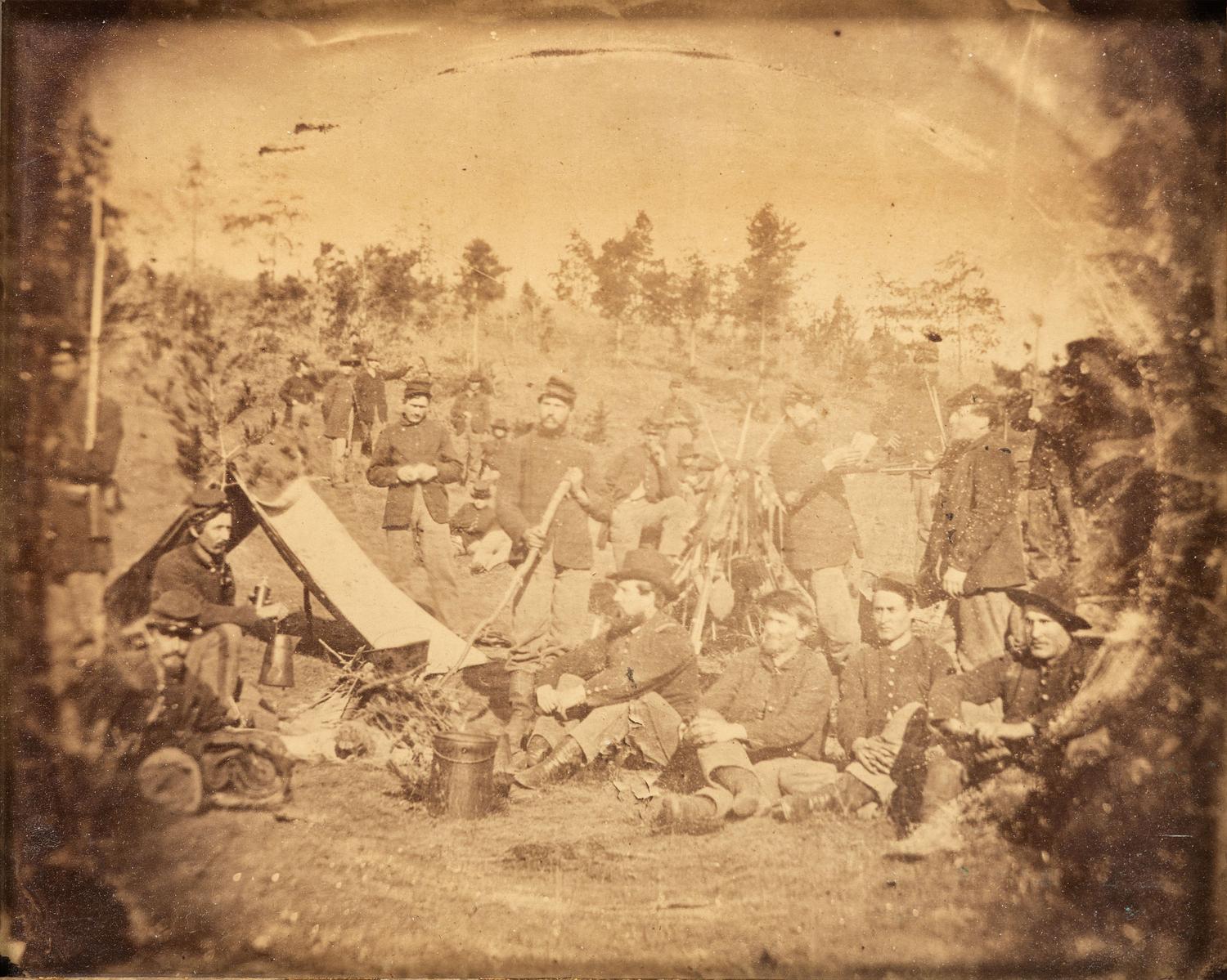 [CIVIL WAR - PHOTOGRAPHY] A large format albumen copy photograph of soldiers at camp, [ca 1860s]. With additional photographs.