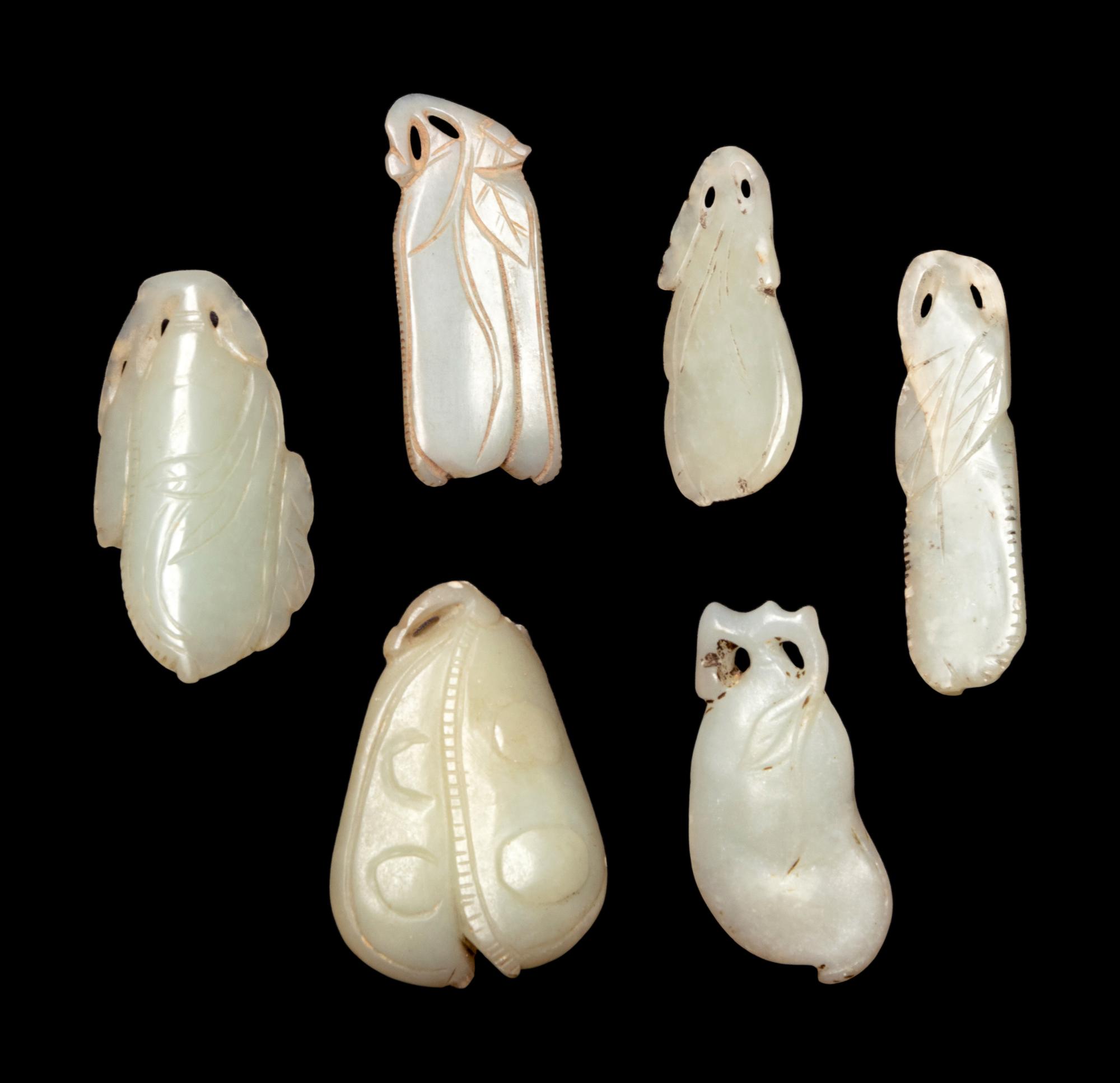 Six Chinese Pale Celadon Jade Carved Beans