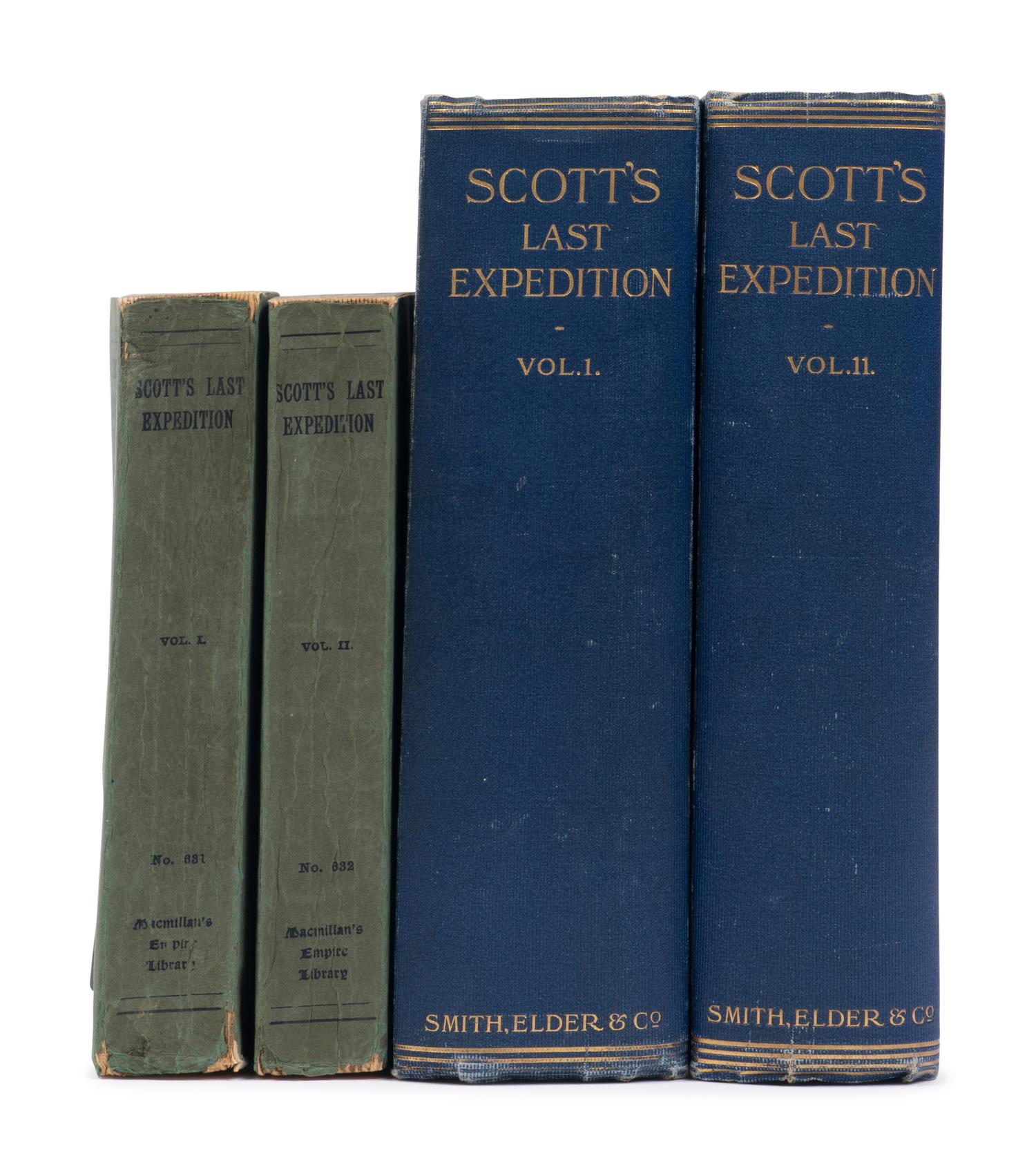 [TRAVEL & EXPLORATION]. [SCOTT, Robert Falcon (1868-1912)]. Scott's Last Expedition: In Two Volumes: Vol. I. Being the Journals of Captain R. F. Scott, R.N., C.V.O. Vol. II. Being the Reports of the Journeys & the Scientific Work Undertaken by Dr. E. A Wilson and Surviving Members of the Expedition . London: Smith, Elder, & Co., 1913.