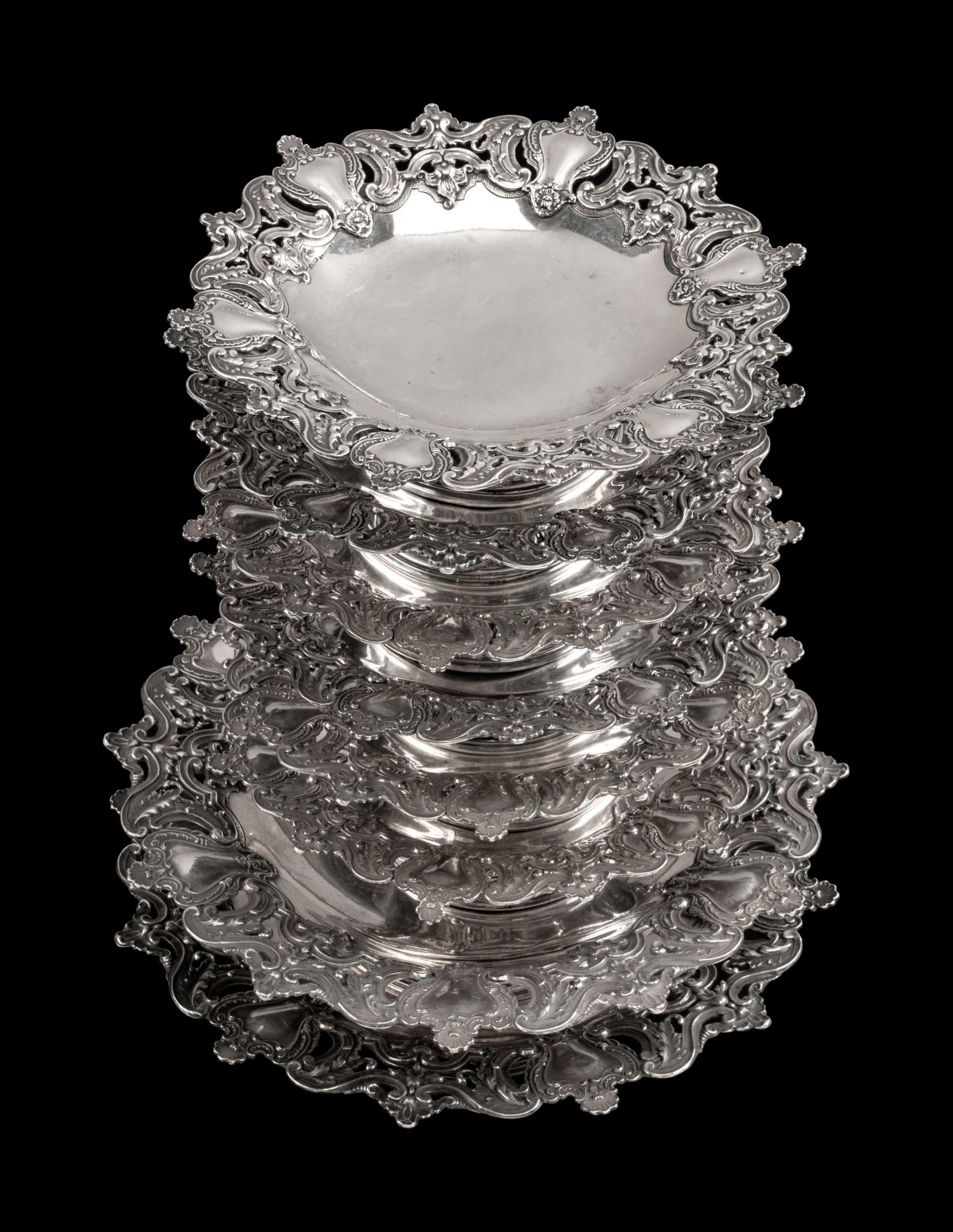 A Set of Eight Portuguese Silver Dessert Plates — Leitao & Irmao, Lisbon, Early 20th Century