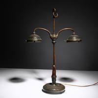 Linenfold student double lamp base, c. 1910 Tiffany Studios, USA