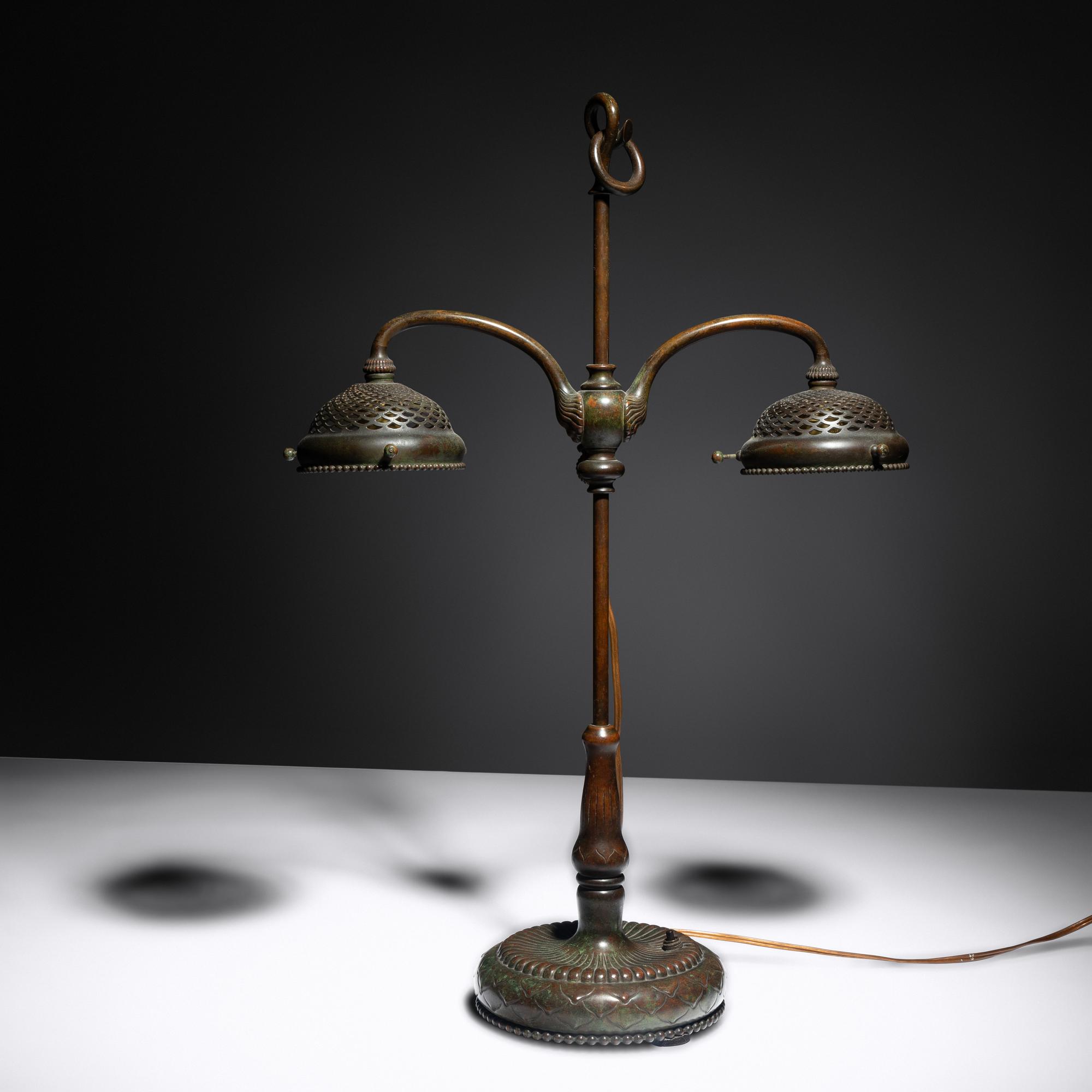 Linenfold student double lamp base, c. 1910 Tiffany Studios, USA