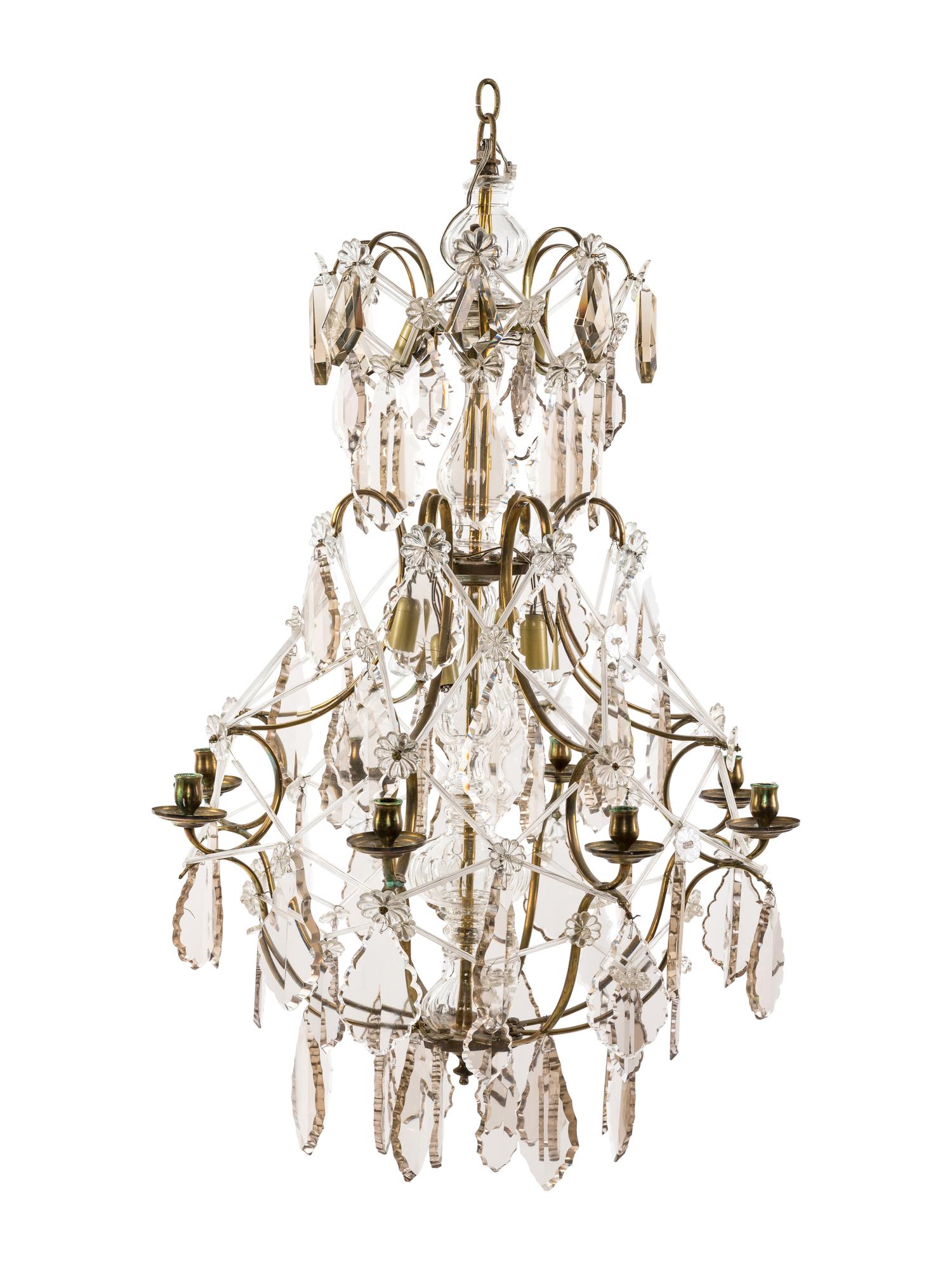 A Swedish Brass and Glass Eight-Light Chandelier