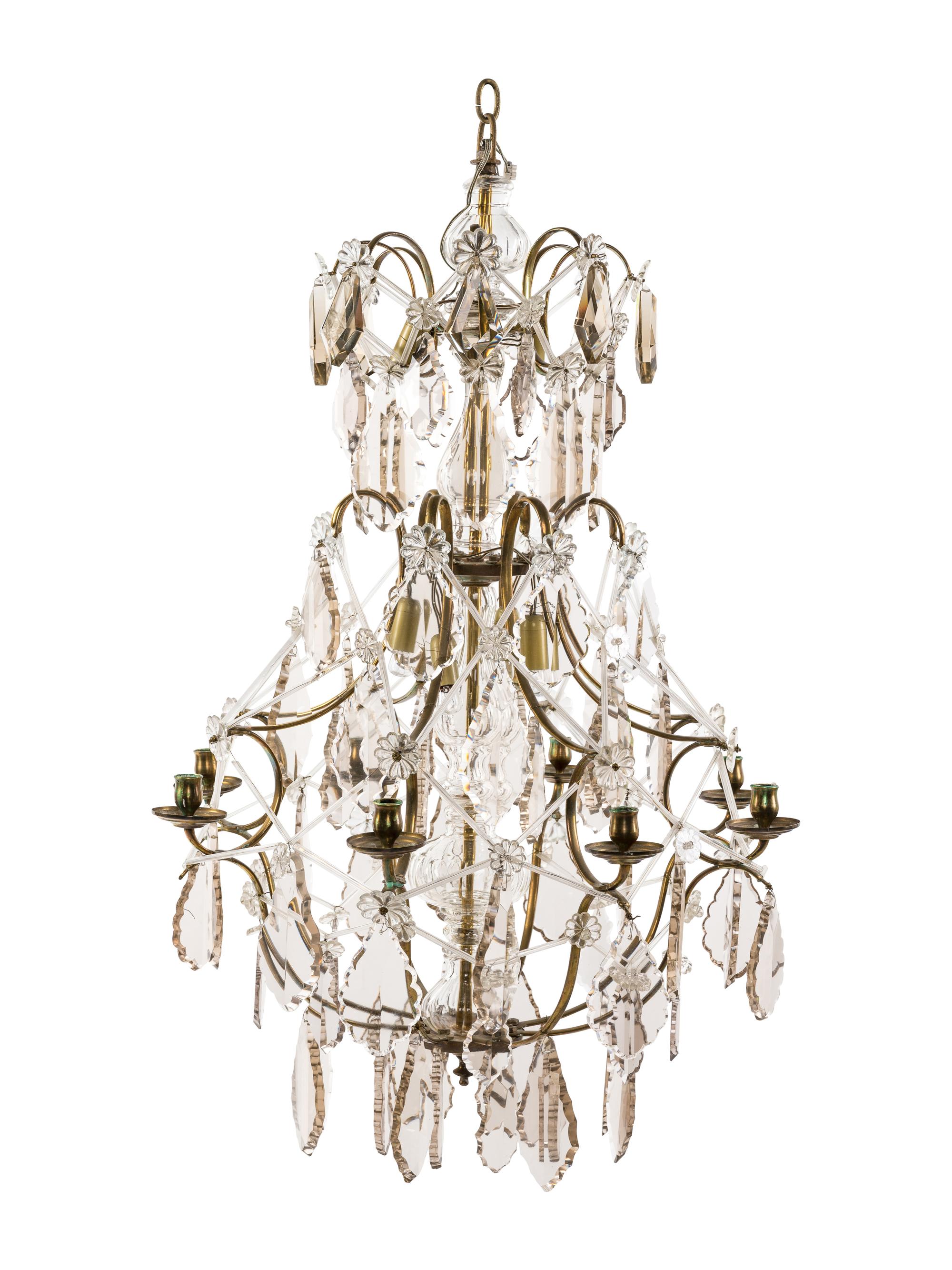 A Swedish Brass and Glass Eight-Light Chandelier