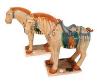 A Pair of Tang Style Partially Glazed Ceramic Horses