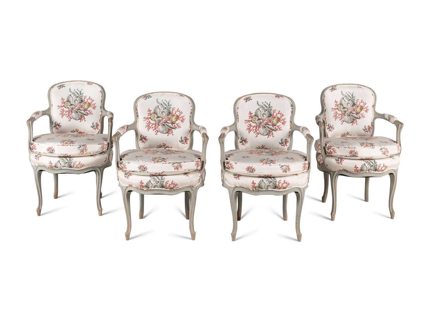 A Set of Four Louis XV Gray-Painted Fauteuils