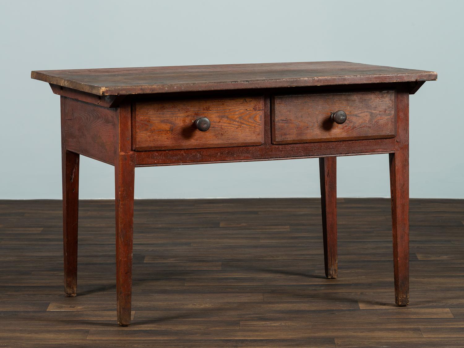 A Red-Stained Pine Two-Drawer Work Table