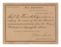 [LINCOLN FUNERAL]. Partly printed document signed ("ED Townsend"), for White House doorman Thomas H. Pendel, Washington, D.C., 20 April 1865.