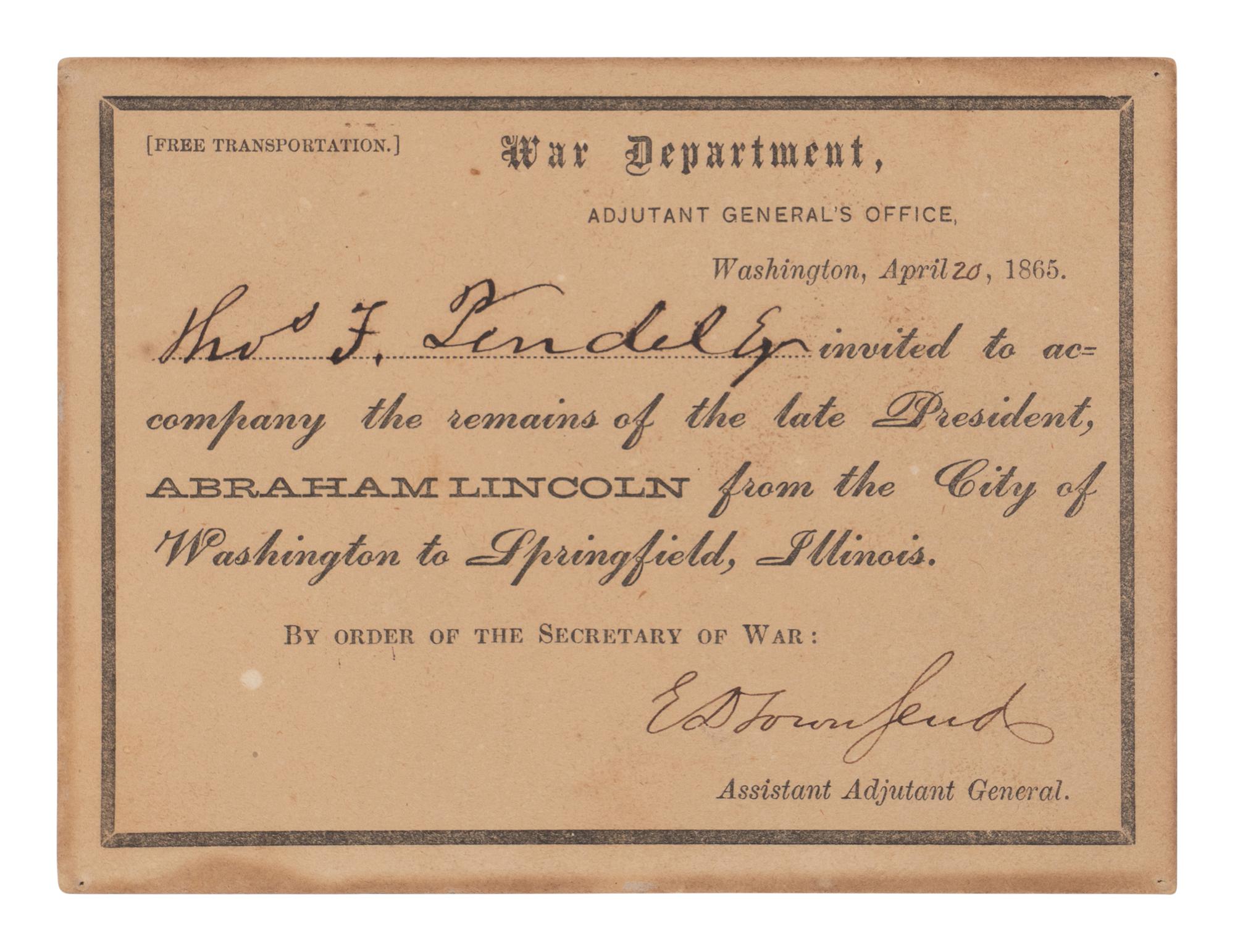 [LINCOLN FUNERAL]. Partly printed document signed ("ED Townsend"), for White House doorman Thomas H. Pendel, Washington, D.C., 20 April 1865.
