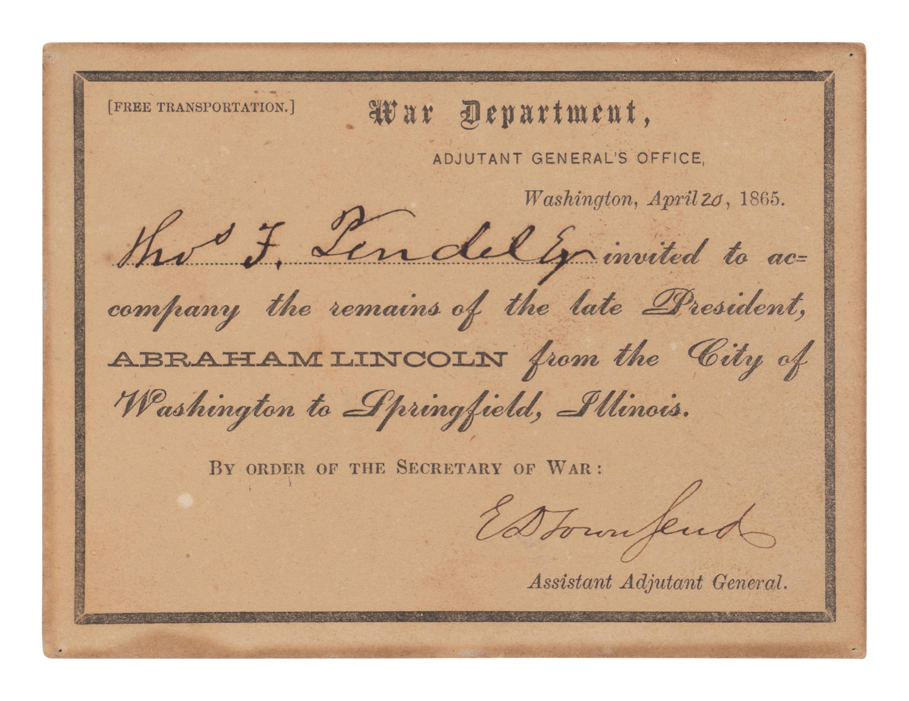 [LINCOLN FUNERAL]. Partly printed document signed ("ED Townsend"), for White House doorman Thomas H. Pendel, Washington, D.C., 20 April 1865.
