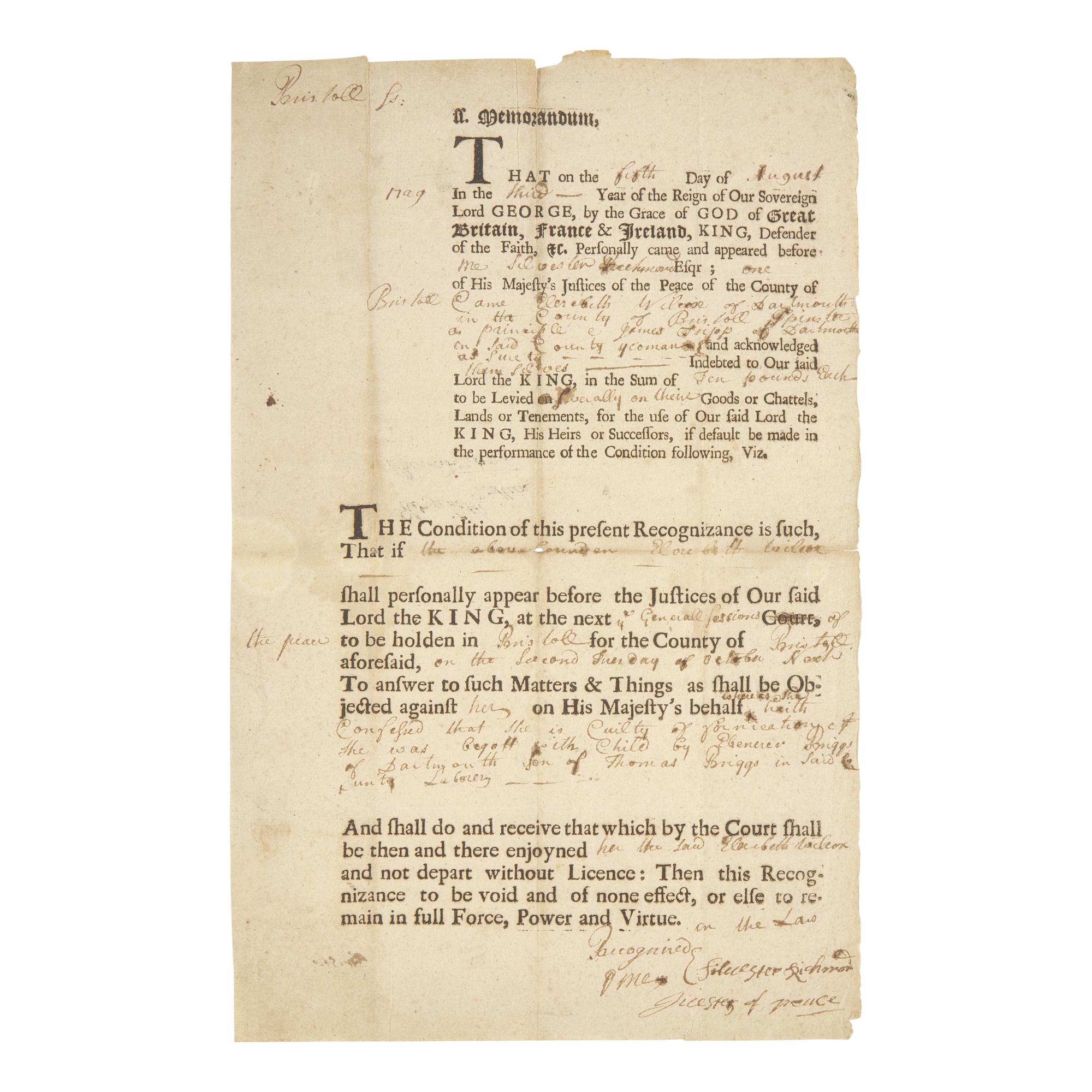 [Colonial America] Colonial Massachusetts Document Related to a Case of Fornication, Levied Against an Unmarried Woman Named Elizabeth Wilcox