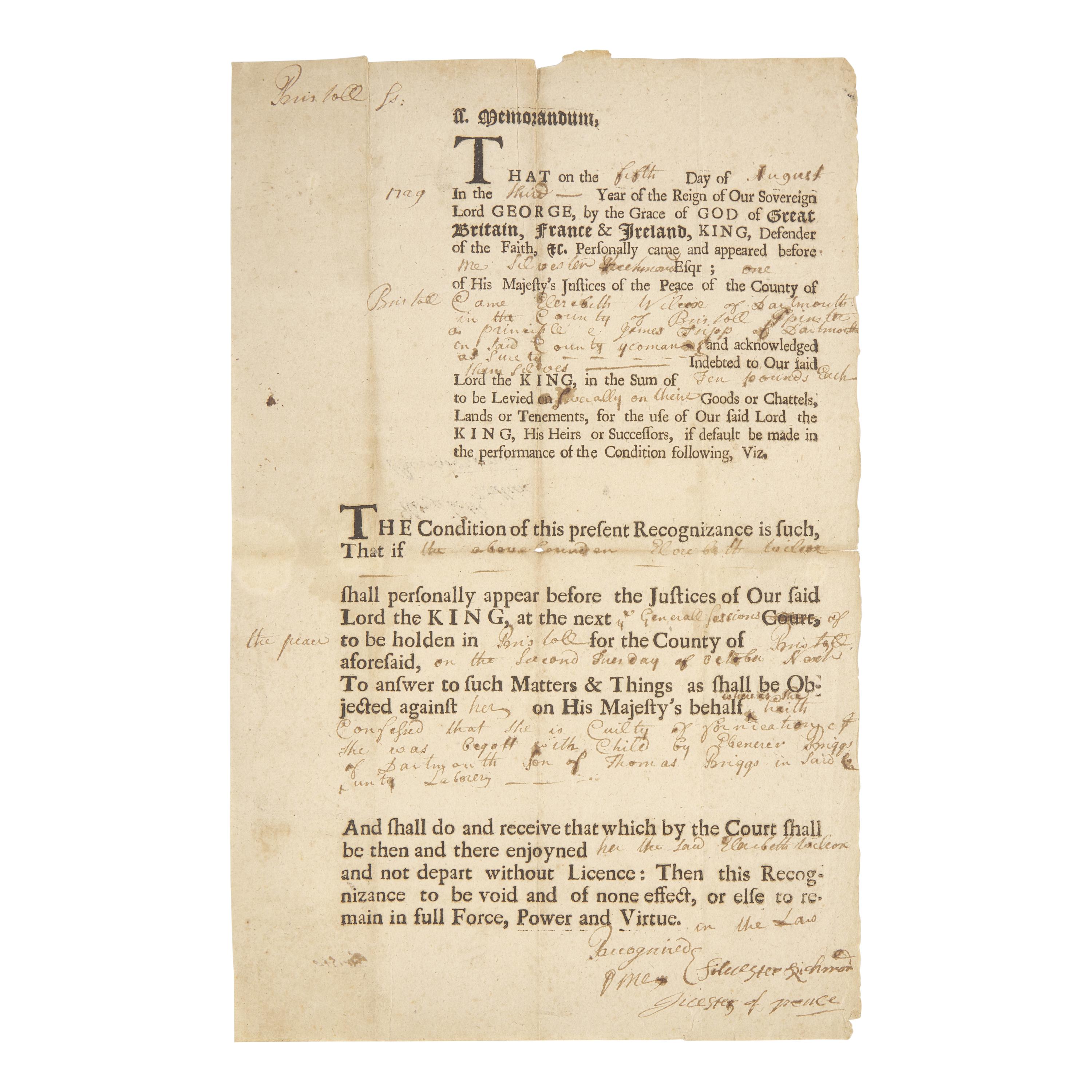 [Colonial America] Colonial Massachusetts Document Related to a Case of Fornication, Levied Against an Unmarried Woman Named Elizabeth Wilcox
