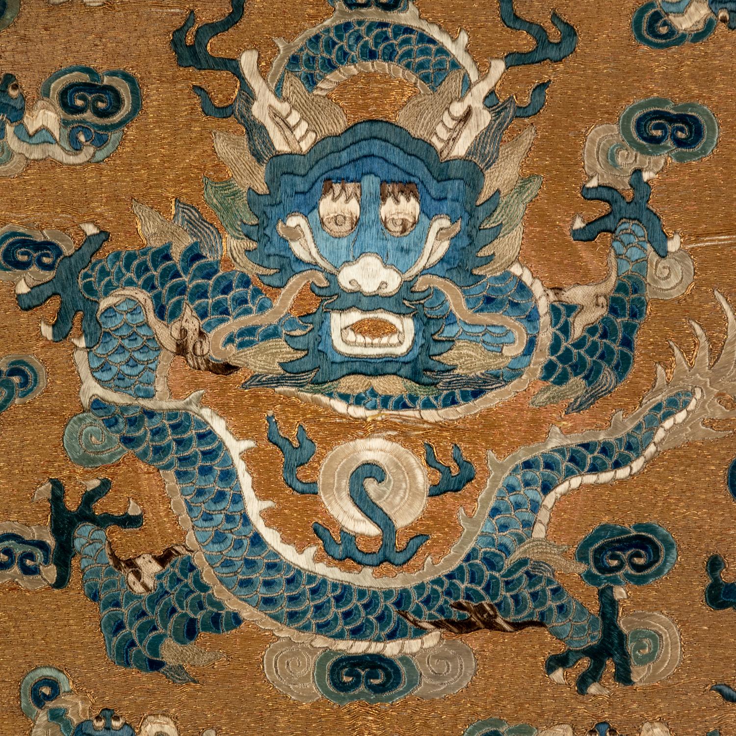 Three Chinese Silk 'Dragon' Panels, 19th-Early 20th Century 晚清-民國 捻金地龍紋綉片一對及藍地龍紋 緙絲一幅