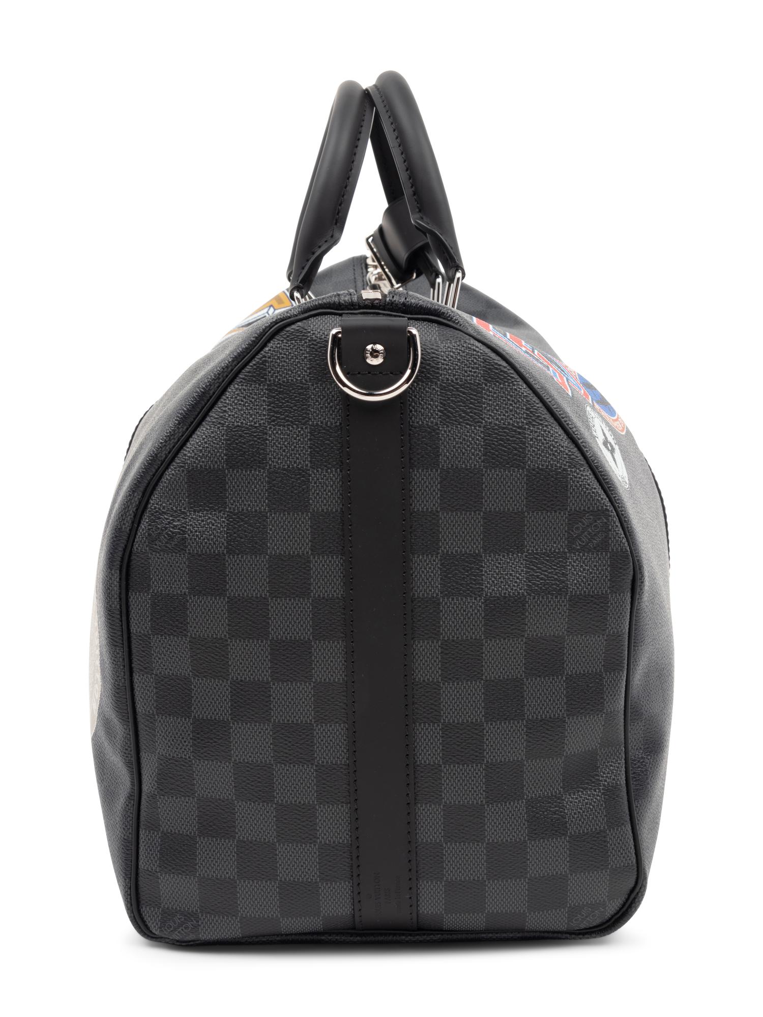 Louis Vuitton Limited Edition Keepall Bandoulière 45 in Damier Graphite Coated Canvas with Printed Travel "Stickers", LV League, Fall Winter 2017