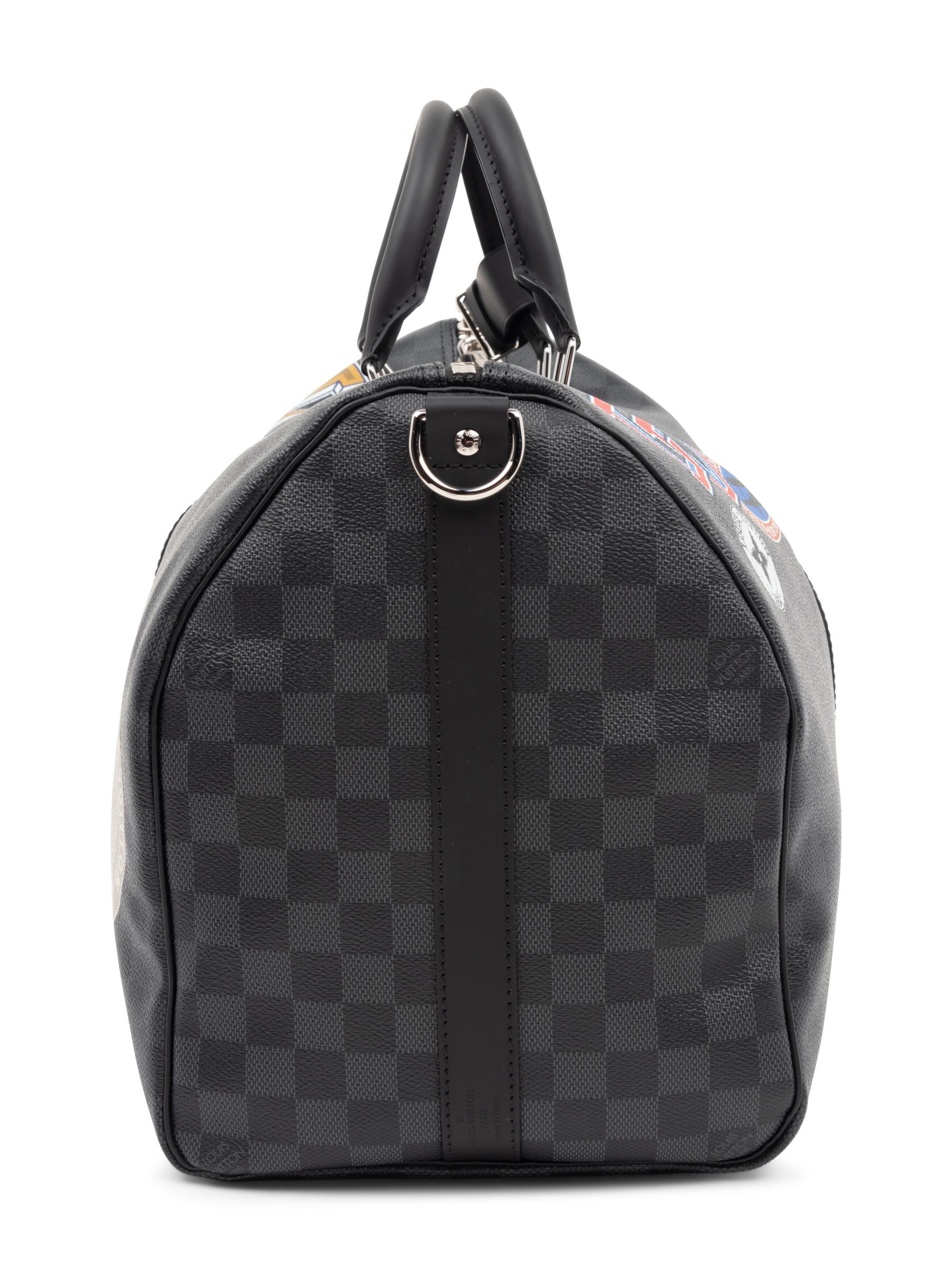 Louis Vuitton Limited Edition Keepall Bandoulière 45 in Damier Graphite Coated Canvas with Printed Travel "Stickers", LV League, Fall Winter 2017