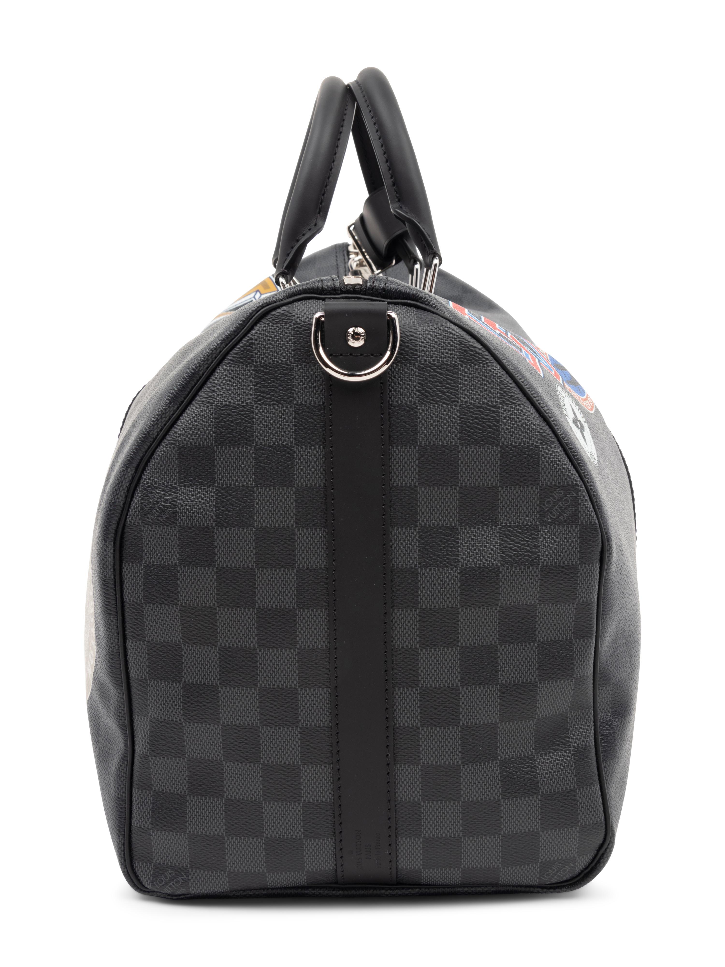 Louis Vuitton Limited Edition Keepall Bandoulière 45 in Damier Graphite Coated Canvas with Printed Travel "Stickers", LV League, Fall Winter 2017