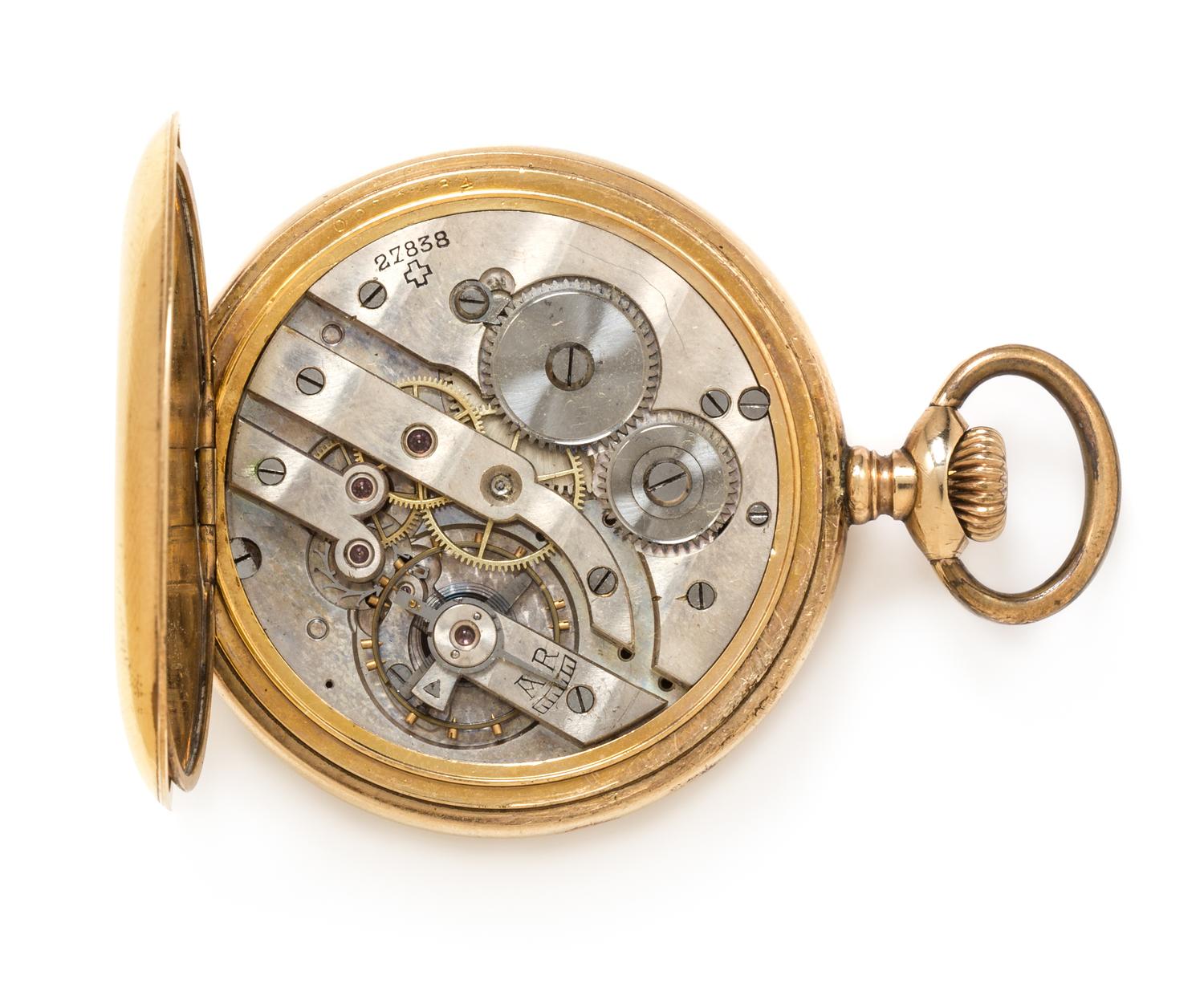 A Gold Filled Jump Hour Retrograde Open Face Pocket Watch, Modernista, 56.50 dwts.