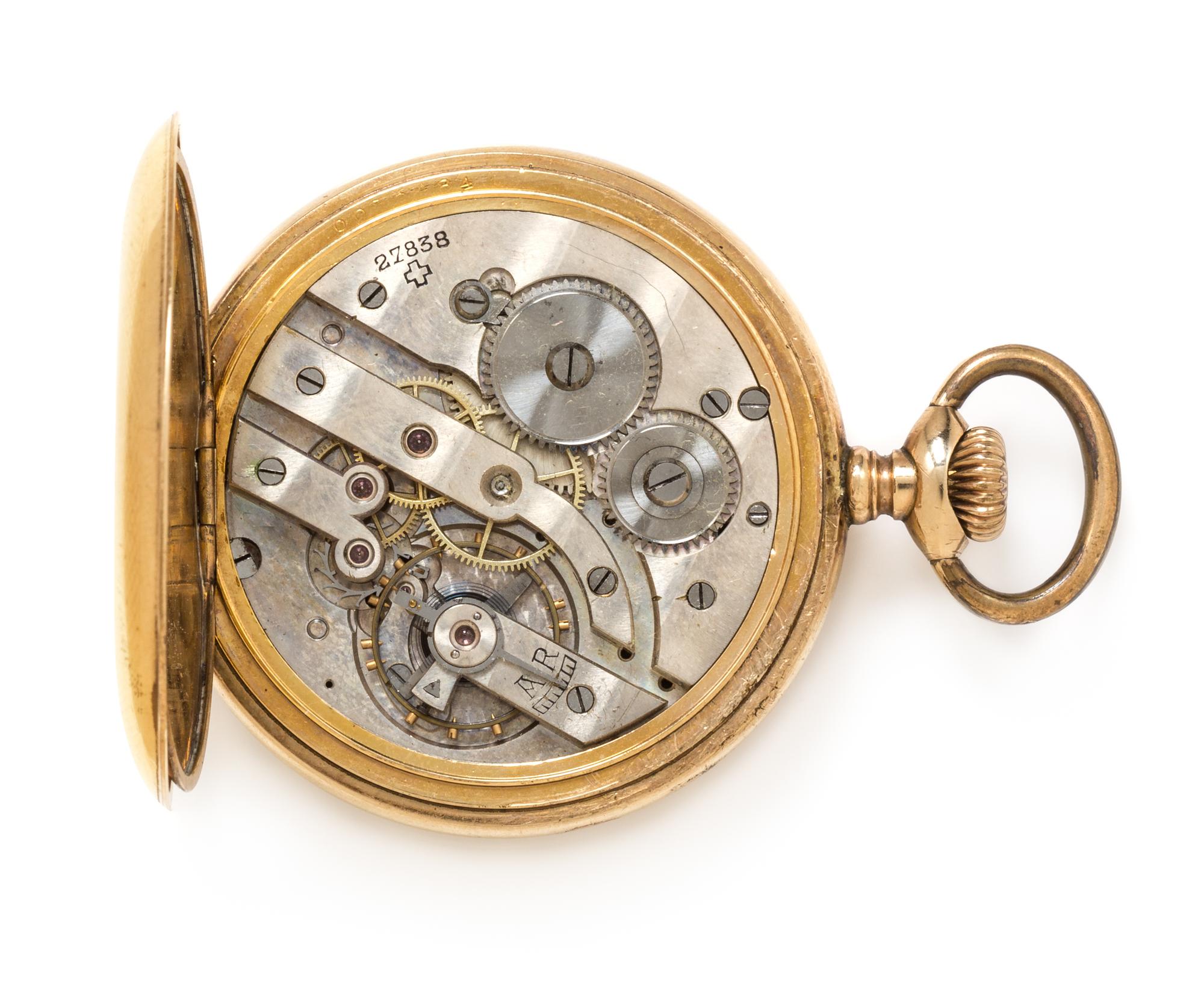 A Gold Filled Jump Hour Retrograde Open Face Pocket Watch, Modernista, 56.50 dwts.