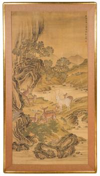 In the Manner of Shen Quan, (Chinese, 1682-1760), Deer in Riverscape Scene