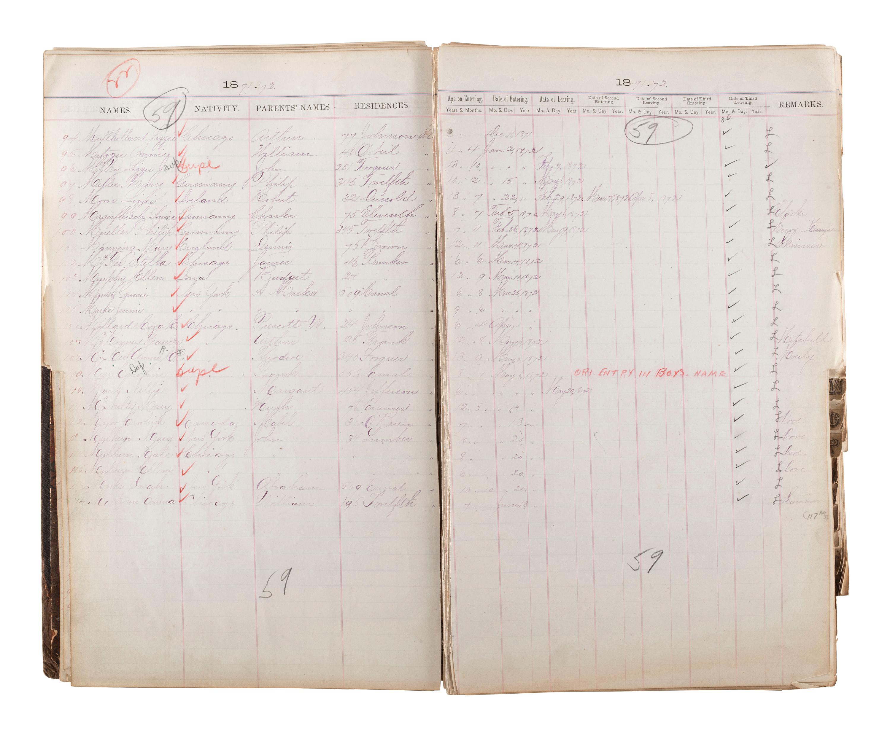 [CHICAGO FIRE]. Register of Admissions and Discharges in the Foster School, Chicago, Illinois, 1871-1872.