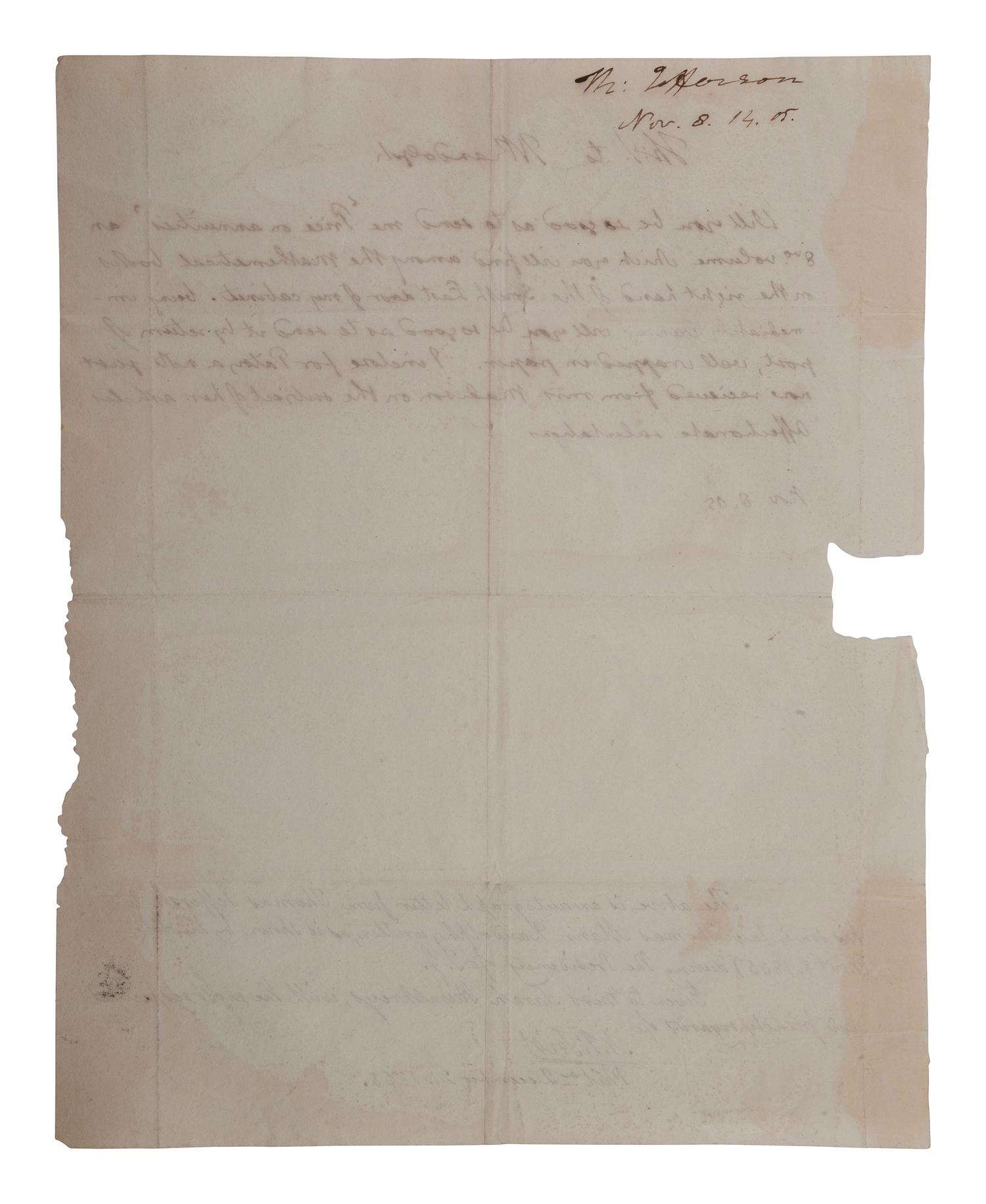 JEFFERSON, Thomas (1743-1826). Autograph letter integrally signed ("Th. J.") to Thomas Mann Randolph. 8 November 1805.
