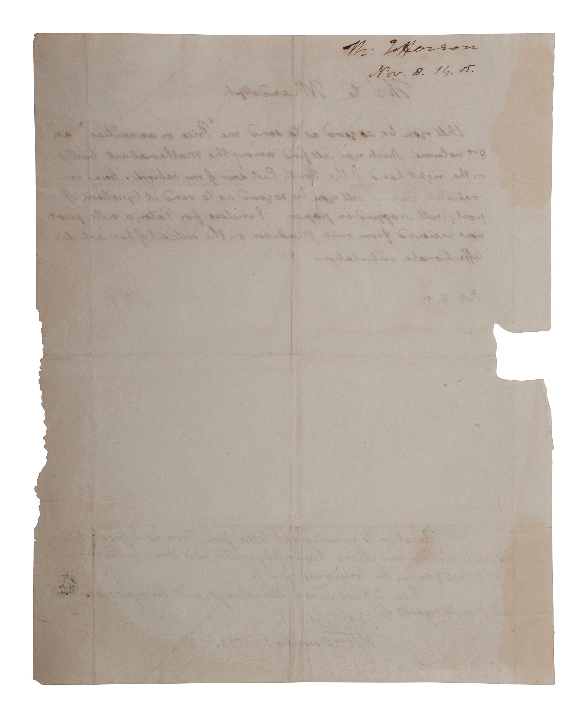 JEFFERSON, Thomas (1743-1826). Autograph letter integrally signed ("Th. J.") to Thomas Mann Randolph. 8 November 1805.