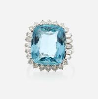 An aquamarine, diamond, and white gold ring