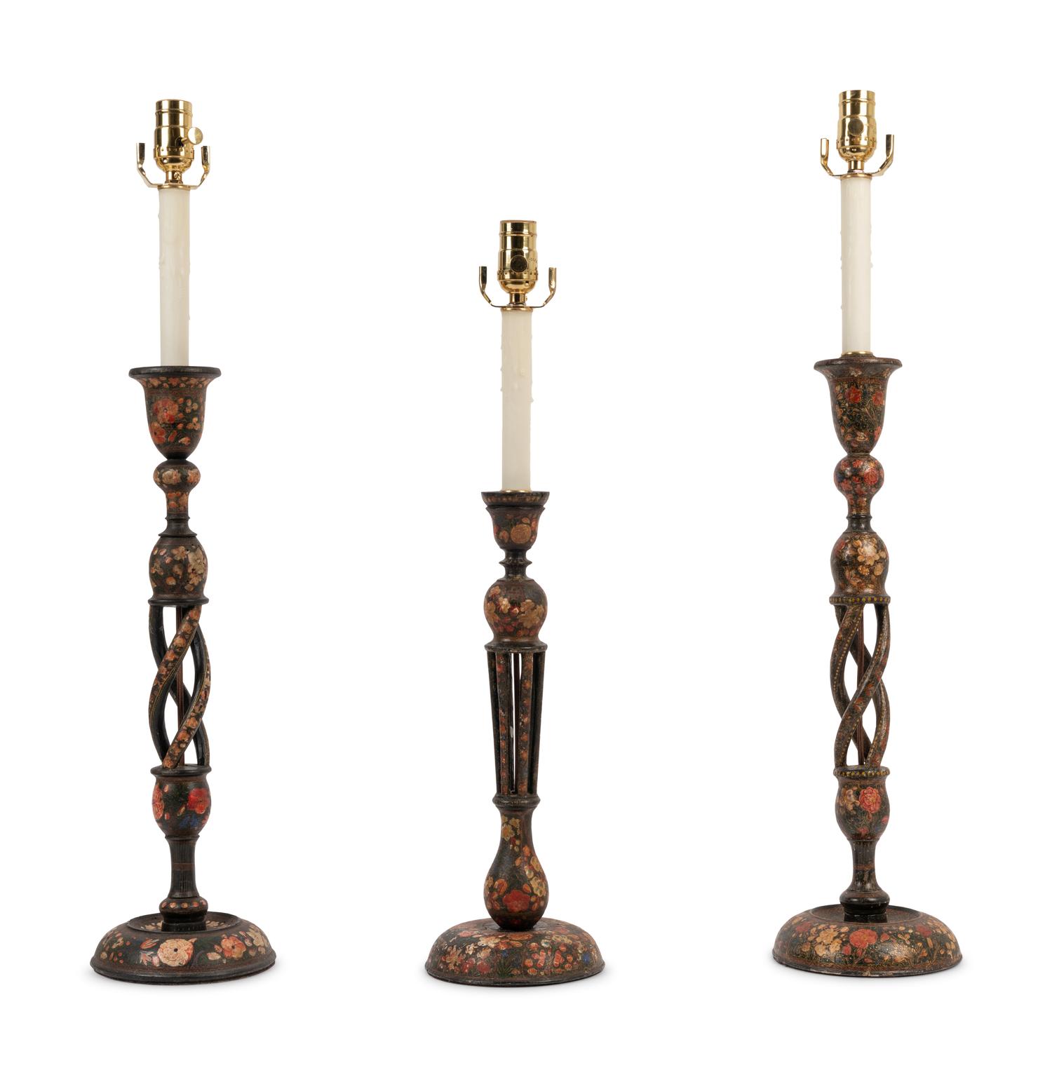 Three Kashmiri Candlesticks Mounted as Lamps