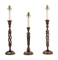 Three Kashmiri Candlesticks Mounted as Lamps