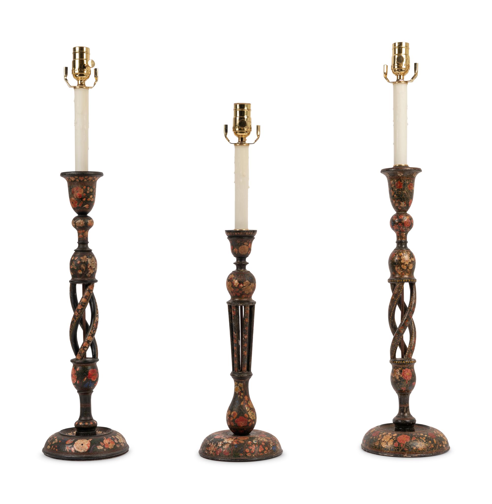 Three Kashmiri Candlesticks Mounted as Lamps
