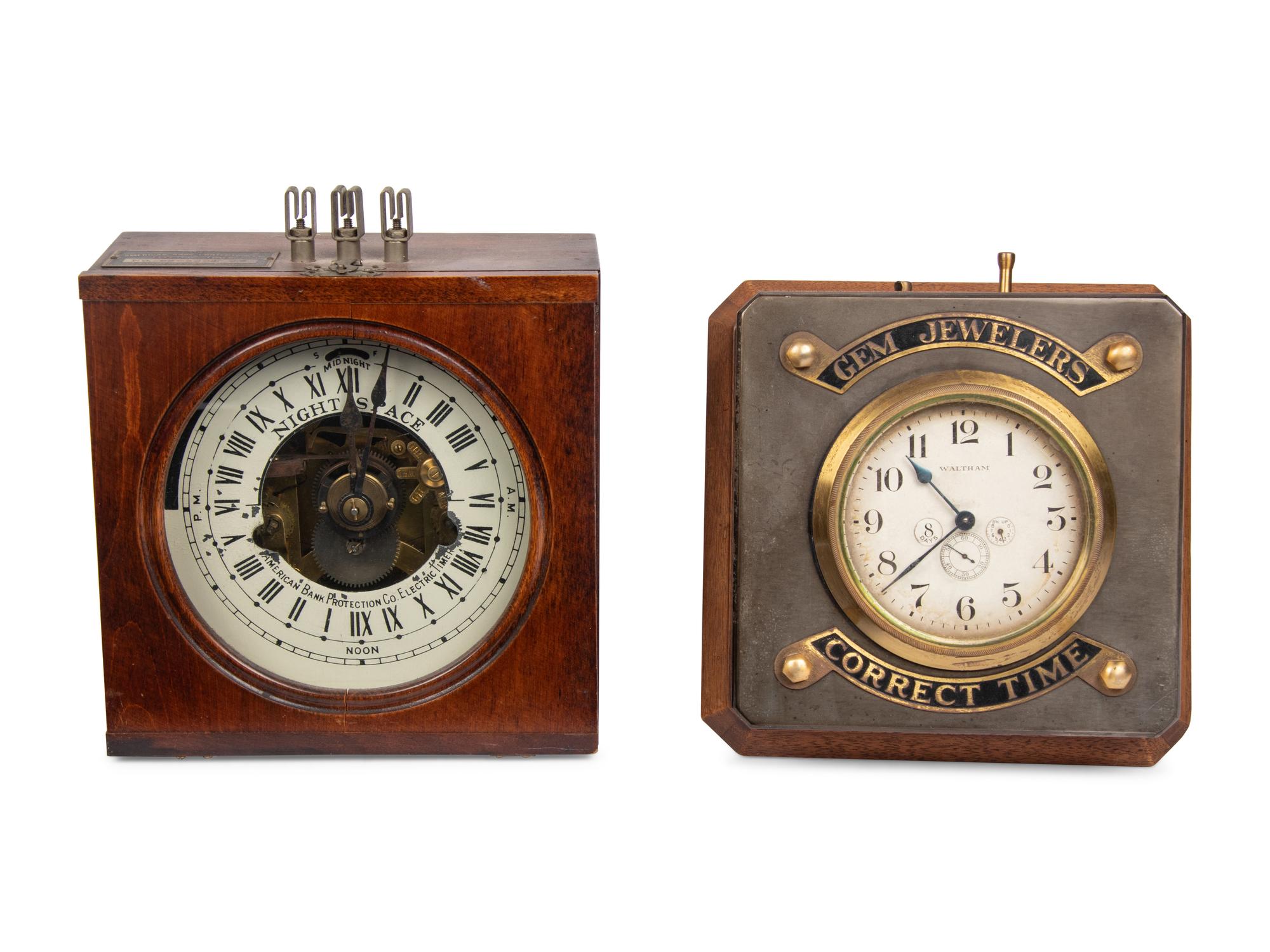 An American Bank Protection Co. Electric Time Clock and a Waltham Correct Time Wall Clock
