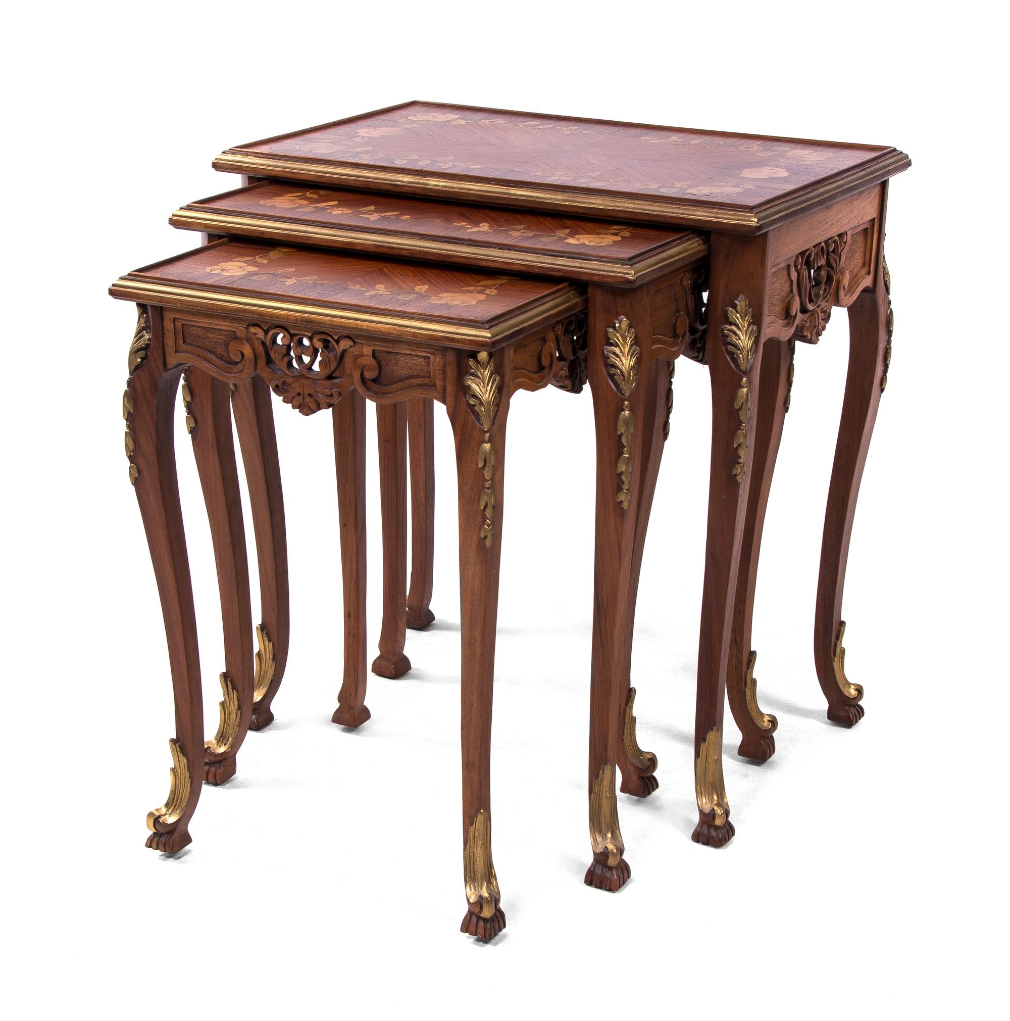 Three Continental Marquetry Decorated and Parcel Gilt Nesting Tables, Height of tallest 24 1/2 x width 23 x depth 15 inches.