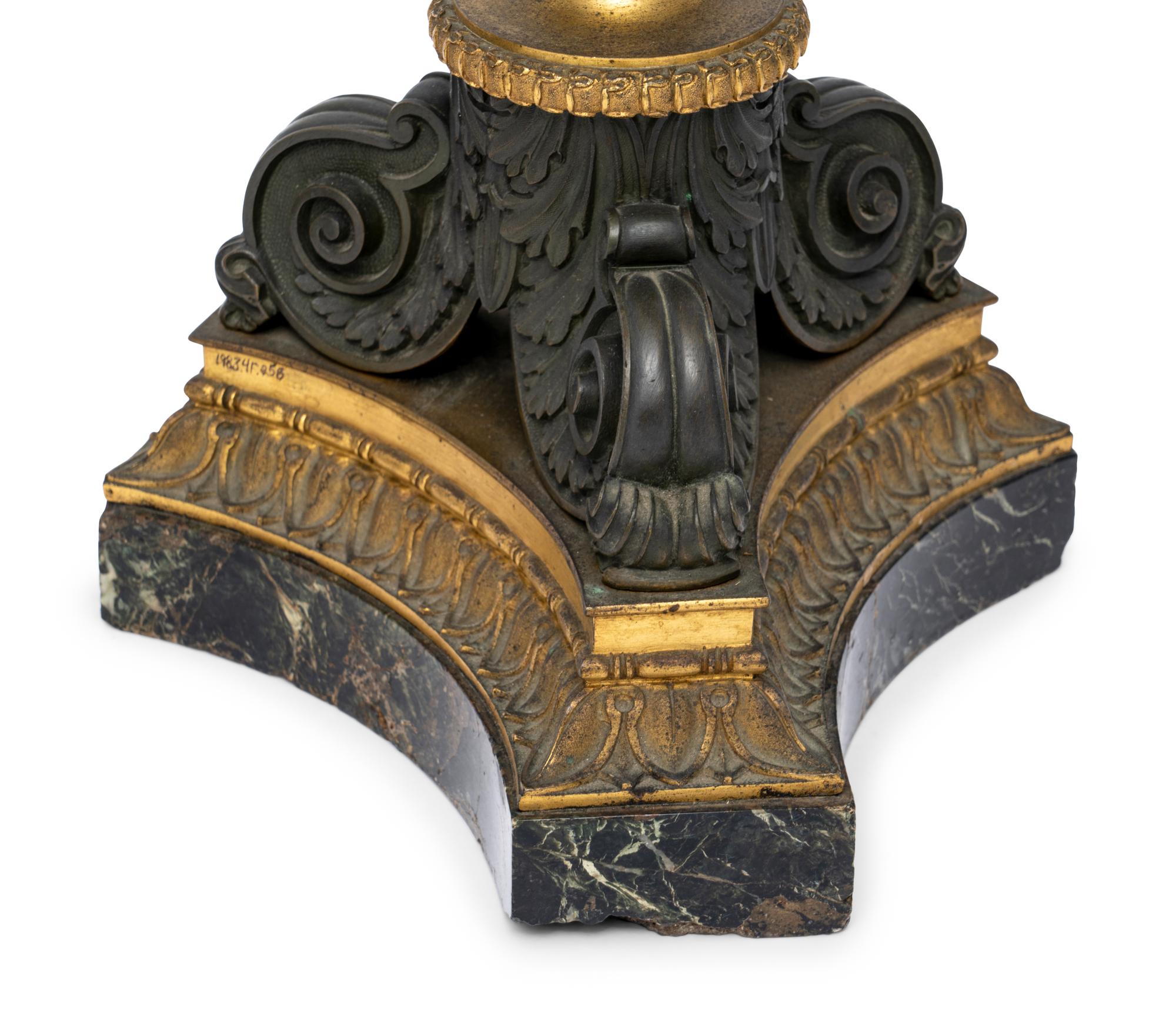 A Pair of French Gilt and Patinated Bronze and Marble Seven-Light Candelabra