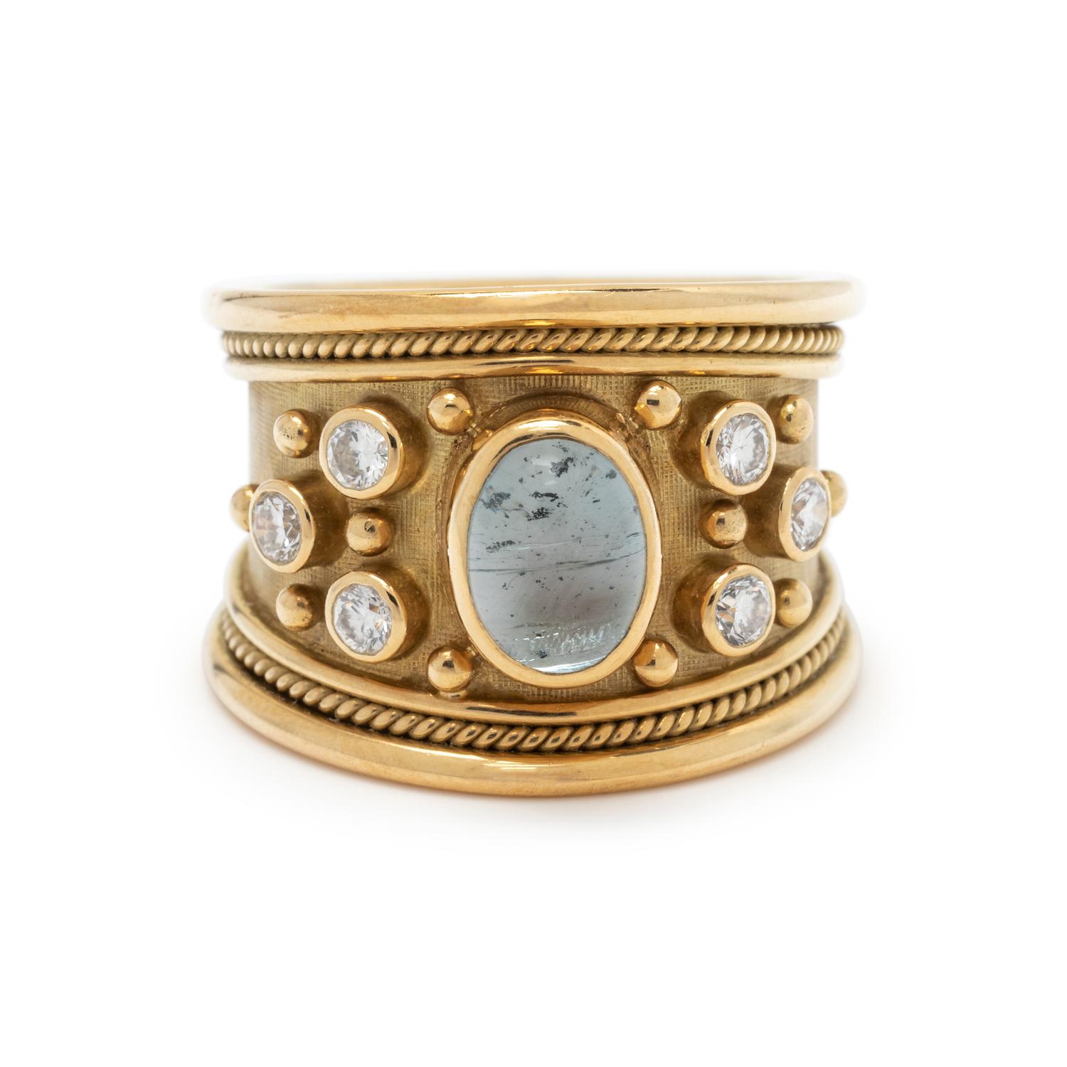 ELIZABETH GAGE, YELLOW GOLD, AQUAMARINE DOUBLET AND DIAMOND RING