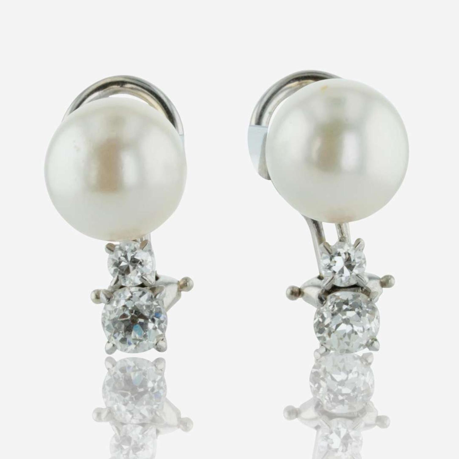 A Pair of Pearl, Diamond, and 14K White Gold Earrings