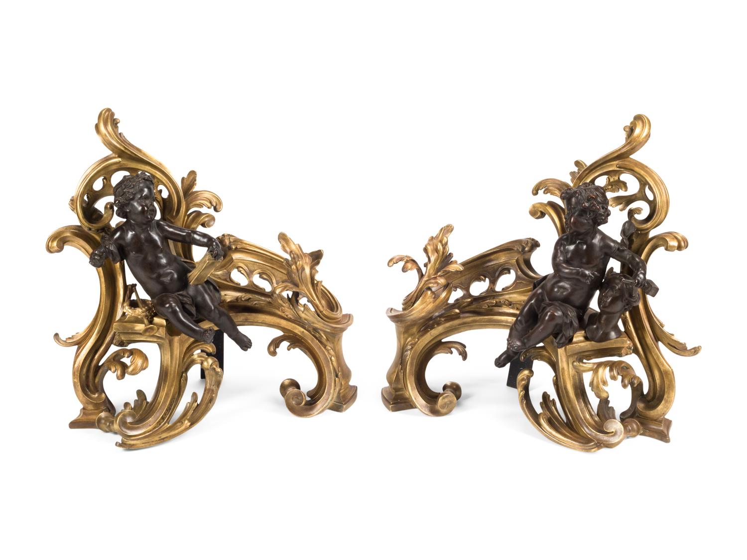 A Pair of Louis XV Style Gilt and Patinated Bronze Figural Chenets