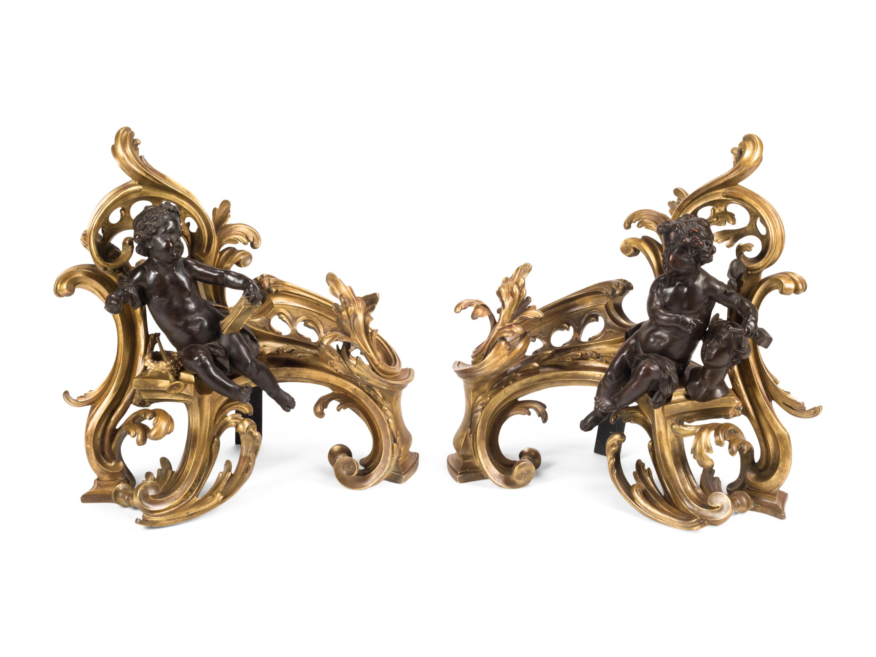 A Pair of Louis XV Style Gilt and Patinated Bronze Figural Chenets