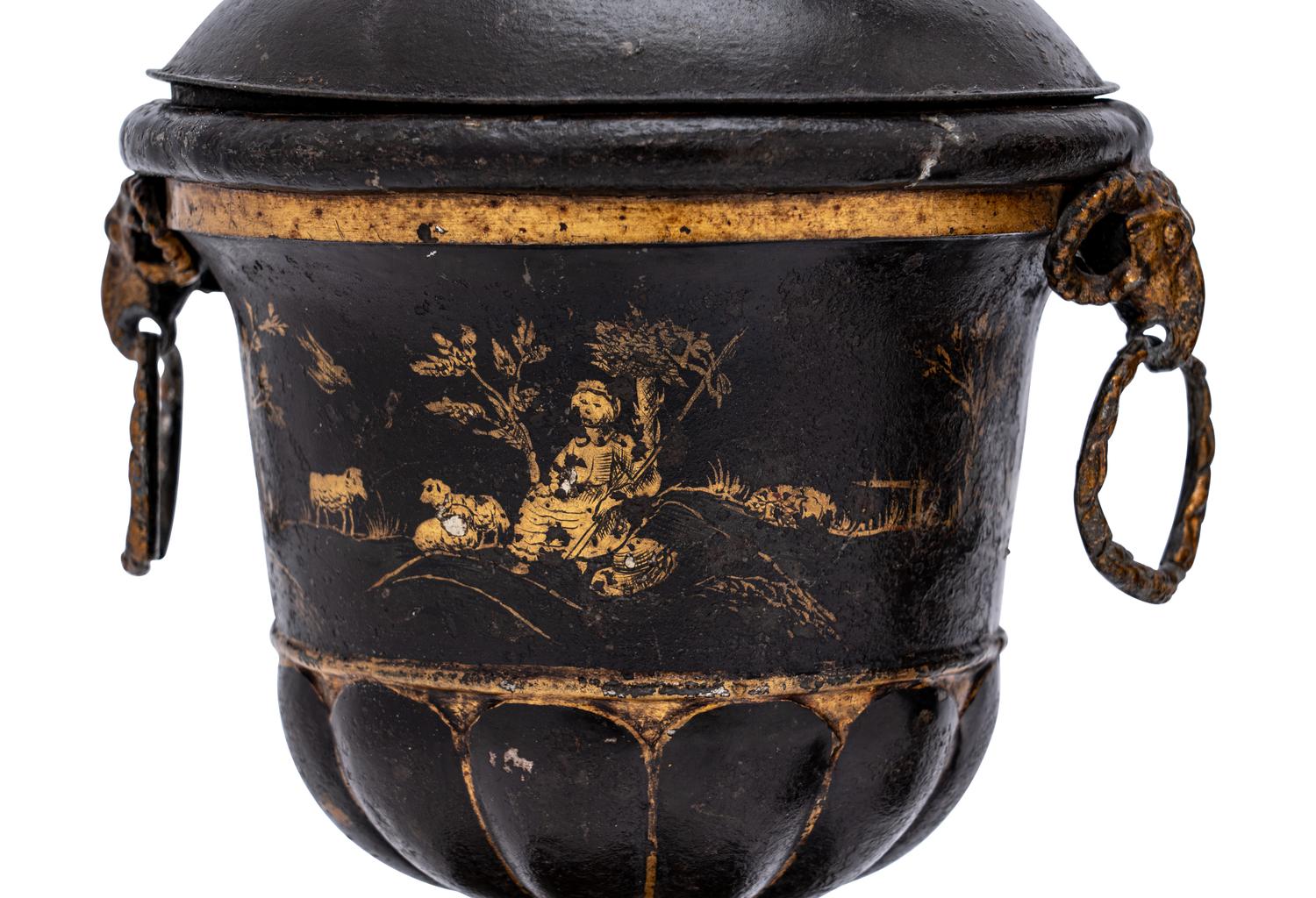 A Pair of Late George III Painted Tôle Urns