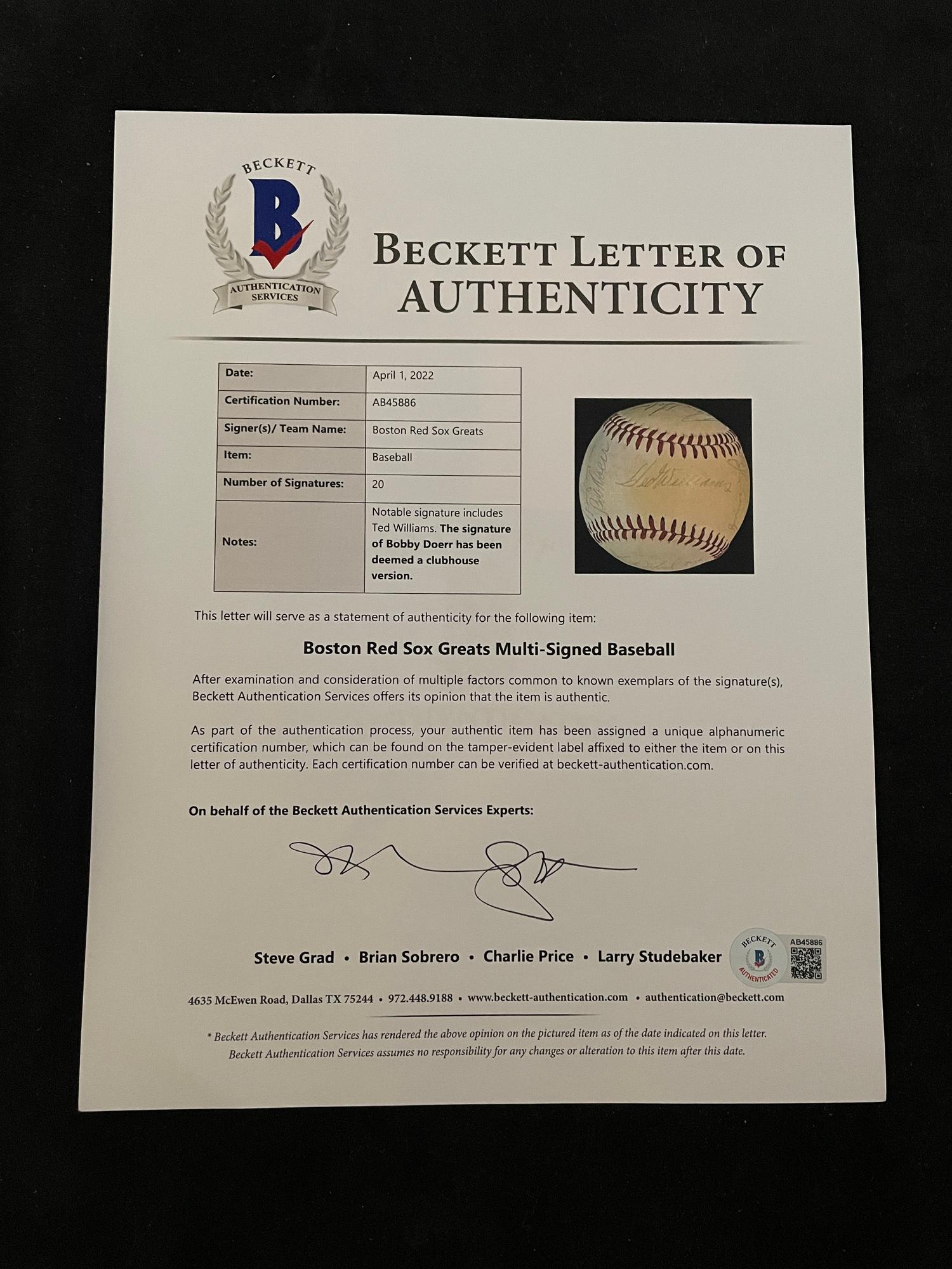 A Boston Red Sox Multi Signed Autograph Baseball With 20 Signatures Including Ted Williams (Beckett Authentication Services Letter BAS Certified),
