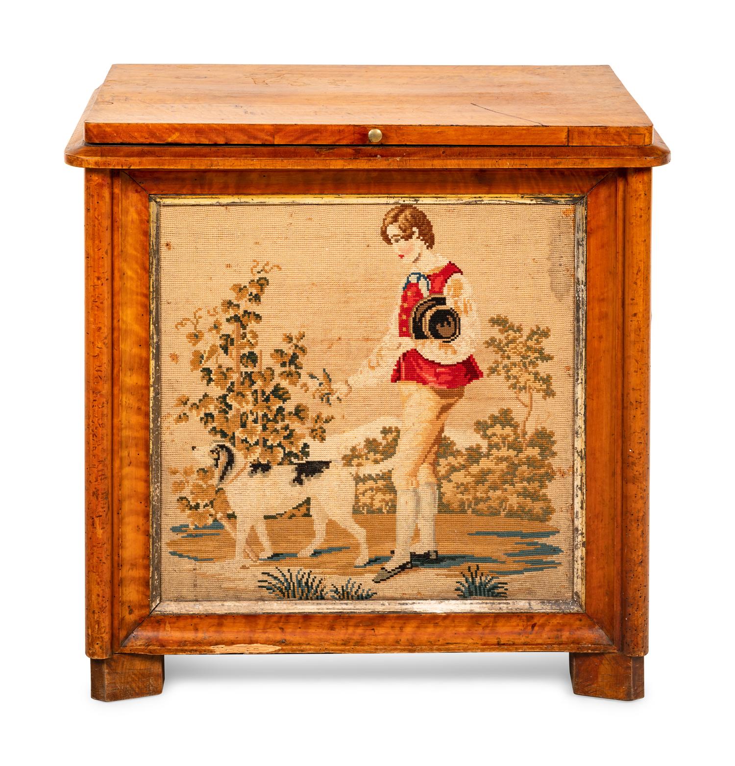 A Needlework-Inset Maple Storage Chest