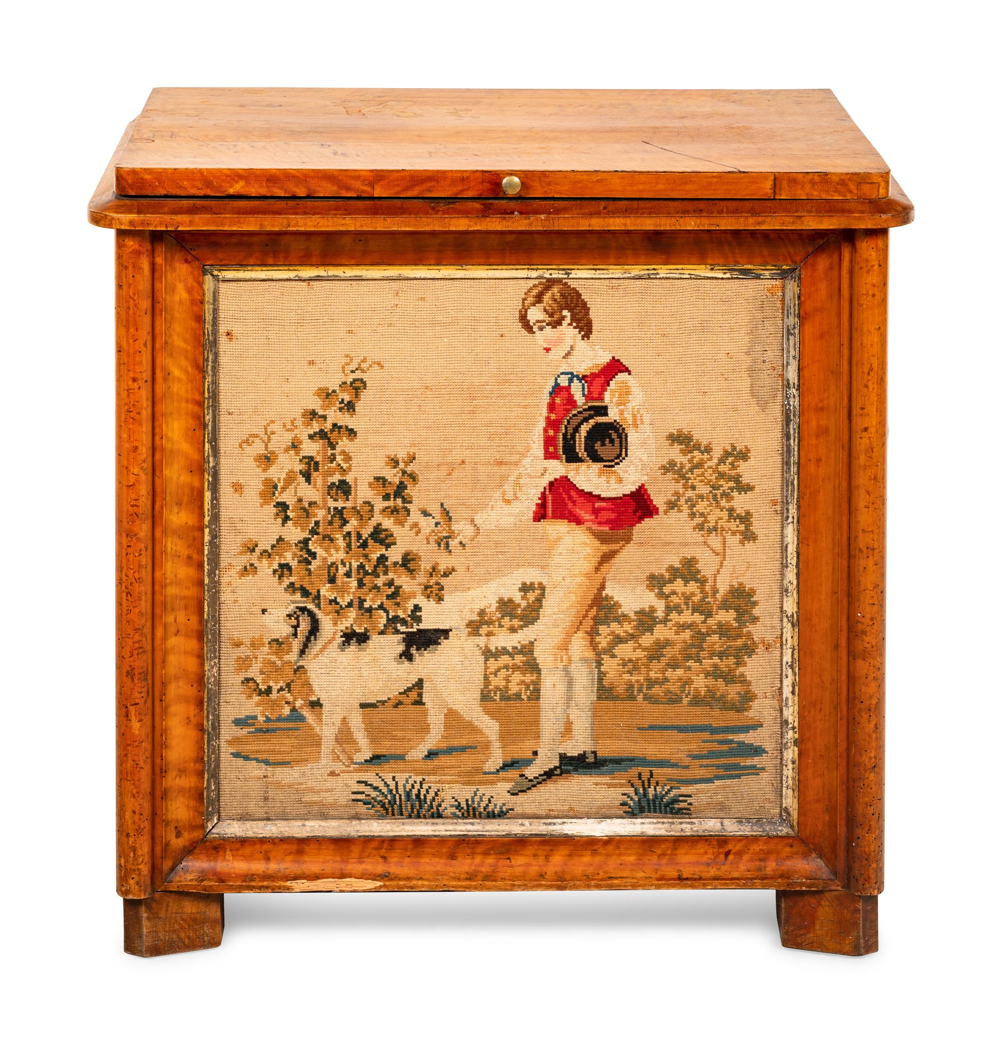 A Needlework-Inset Maple Storage Chest