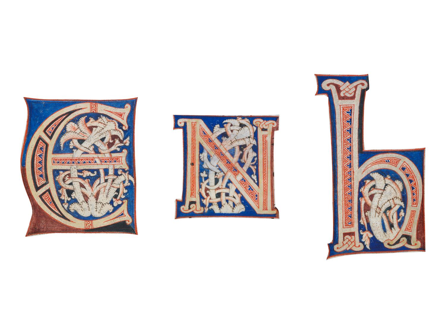 ITALIAN ROMANESQUE ARTIST Three partial leaves from an “Atlantic” Bible, with illuminated initials ‘E’, ‘N’, and ‘H’, in Latin, illuminated manuscript on parchment [Italy, Tuscany, c. 1150-1175]