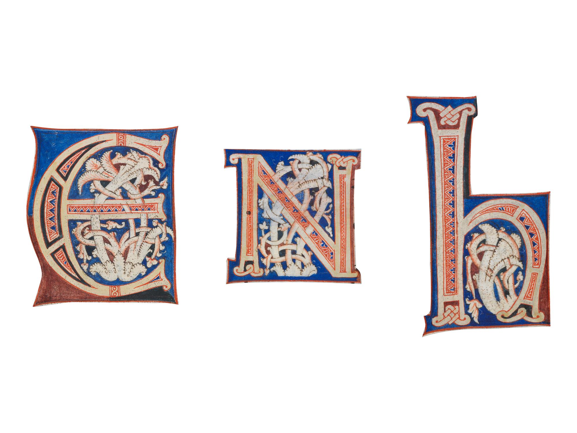 ITALIAN ROMANESQUE ARTIST Three partial leaves from an “Atlantic” Bible, with illuminated initials ‘E’, ‘N’, and ‘H’, in Latin, illuminated manuscript on parchment [Italy, Tuscany, c. 1150-1175]