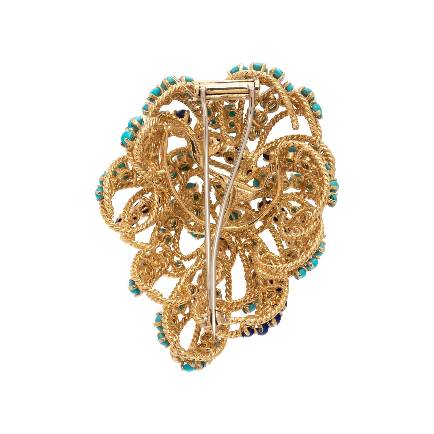 YELLOW GOLD, TURQUOISE AND LAPIS LAZULI BROOCH