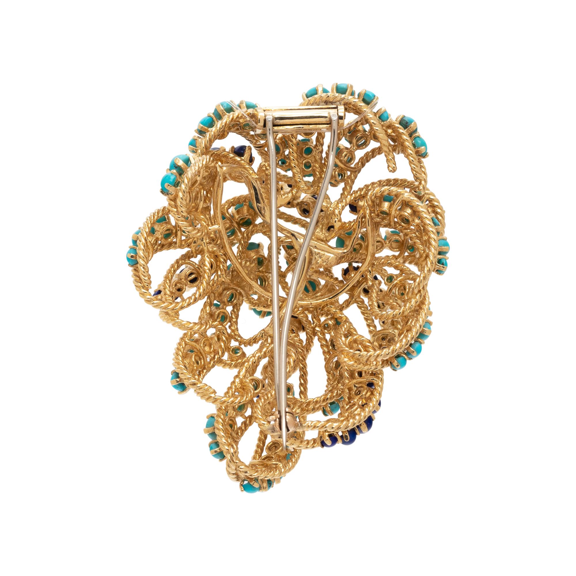 YELLOW GOLD, TURQUOISE AND LAPIS LAZULI BROOCH