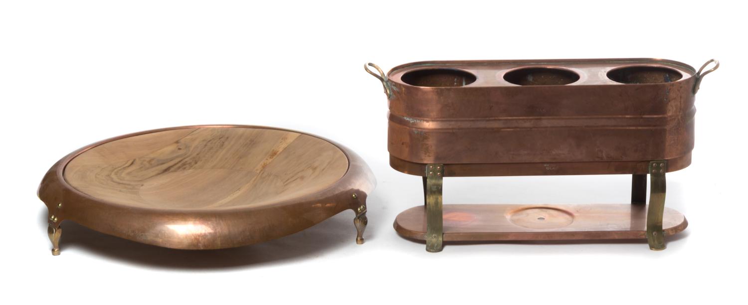 Two Copper Serving Articles Diameter of tray 21 1/2 inches.