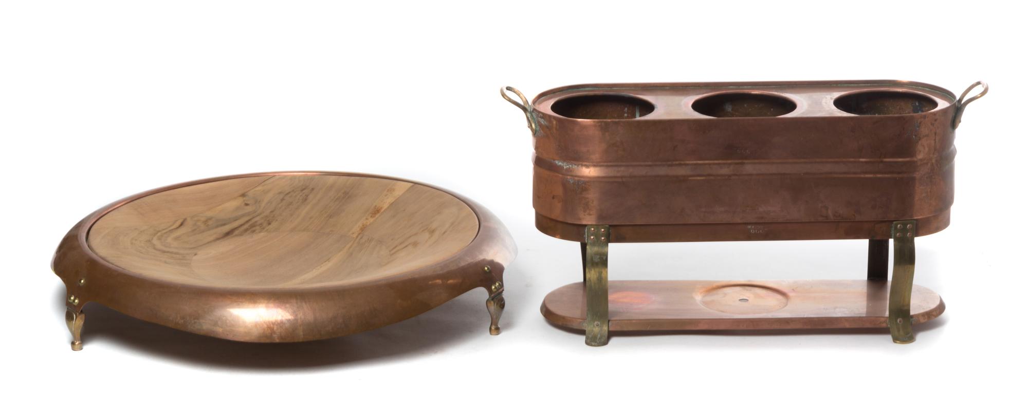 Two Copper Serving Articles Diameter of tray 21 1/2 inches.
