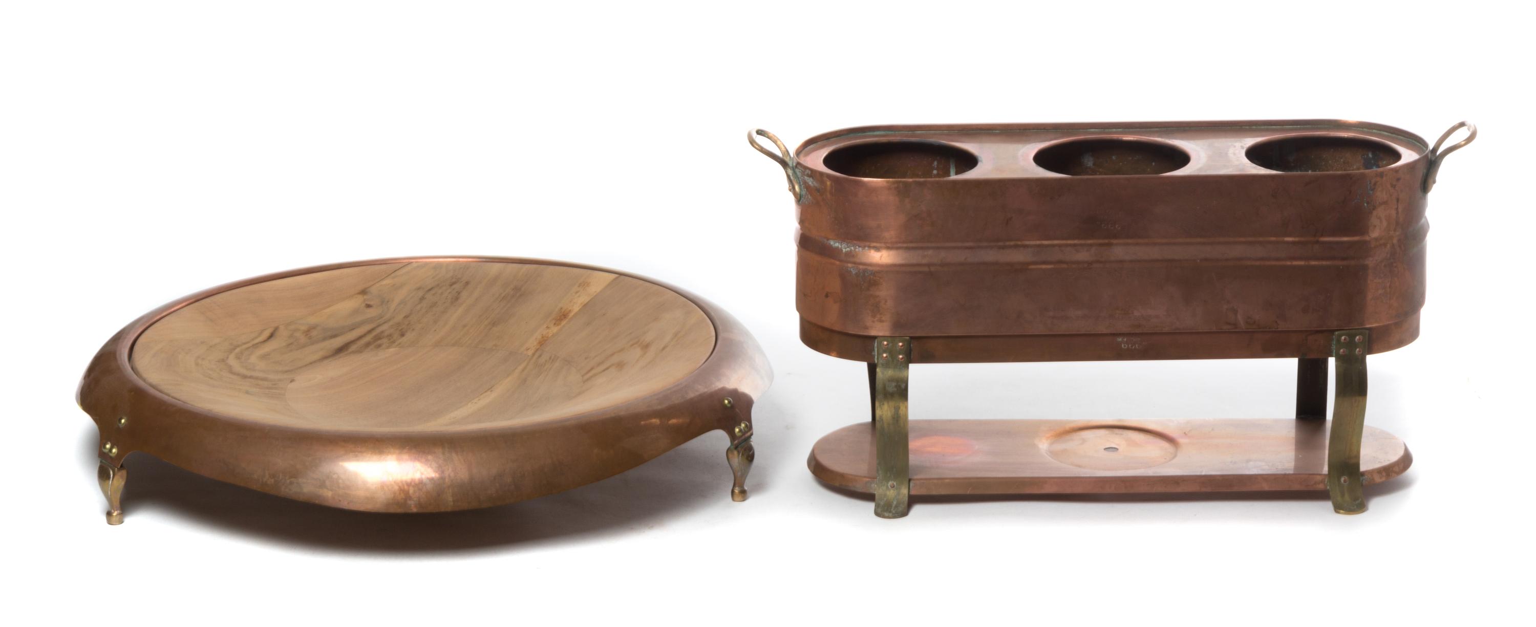 Two Copper Serving Articles Diameter of tray 21 1/2 inches.
