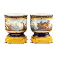 A Pair of Sèvres Style Gilt Bronze Mounted Porcelain Cache Pots