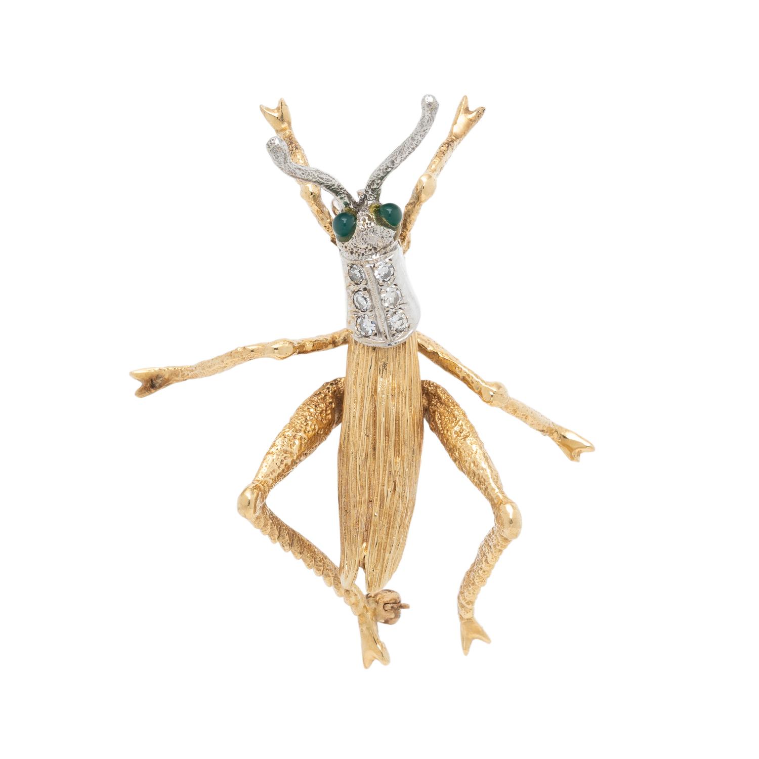 BICOLOR GOLD, DIAMOND, AND CHRYSOPRASE GRASSHOPPER BROOCH
